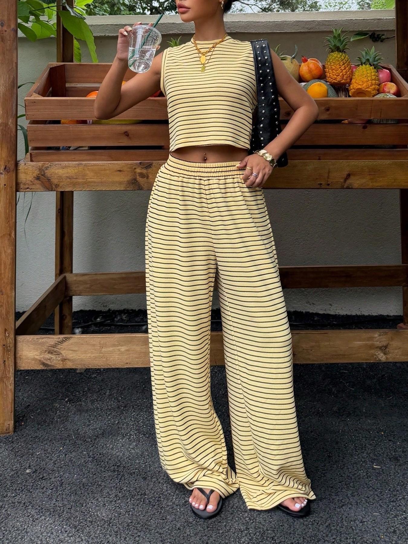 Summer Striped Two-Piece Set, Loose Round Neck Sleeveless Tank Top, Elastic Waist Casual Vacation, Comfortable Home Wear