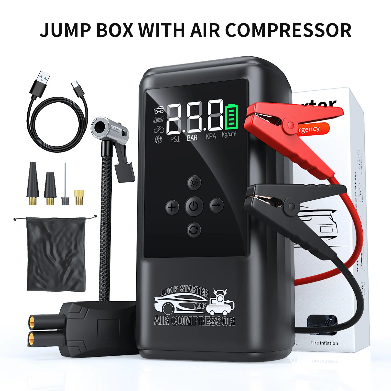 Car Battery Booster with Air Compressor & Tire Inflator Pump, Fits 10L Gasoline or 8L Diesel, 12V Jump Starter Kit, Fast Charging, LCD Display