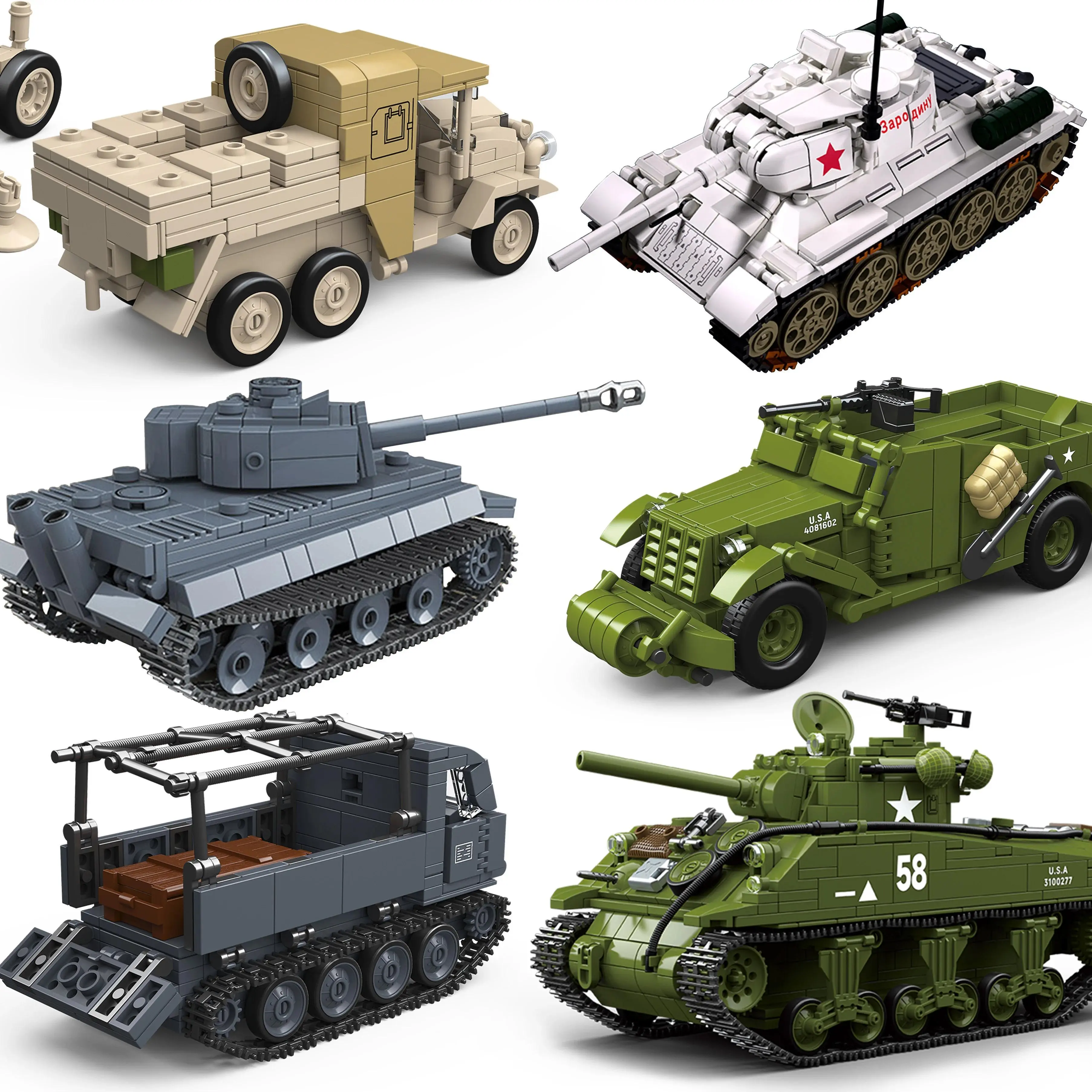 Military WW2 Tanks Tiger Sherman T34 Panzer Vehicle Airplane Army Soldier Weapons Model Building Block Brick Children Kids Toys
