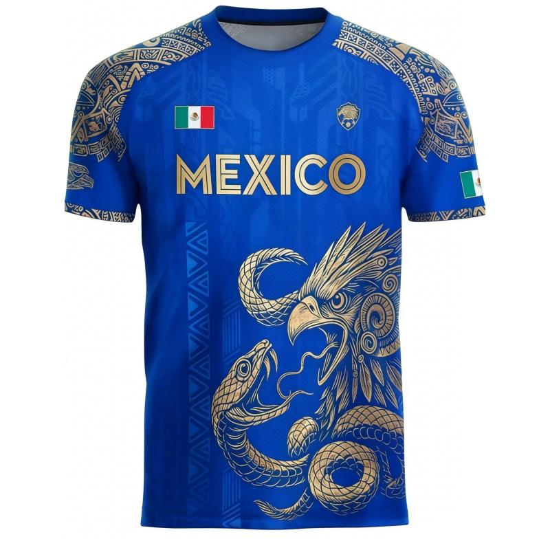 Mexican Aztec Eagle Traditional Soccer Jersey, Jersey Tee, Soccer Shirt, Full Print Design, Casual Comfort, Unique Animal Tribal Patterns, Classic Retro Style, Casual Sports Jersey