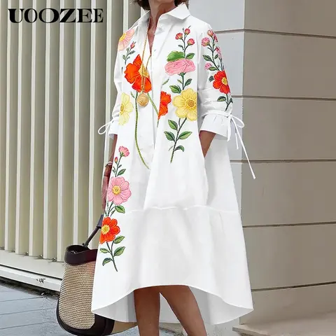 UOOZEE Women's 2026 Summer Boho Floral Dress - Collared Neck, 3/4 Sleeve, Button Front, High-Low Hem, Loose-Fit, Pocketed, Polyester, Lightweight, Low Iron, Machine Washable, Hand Wash Only, Hang Dry (Size Down for Slim Look)