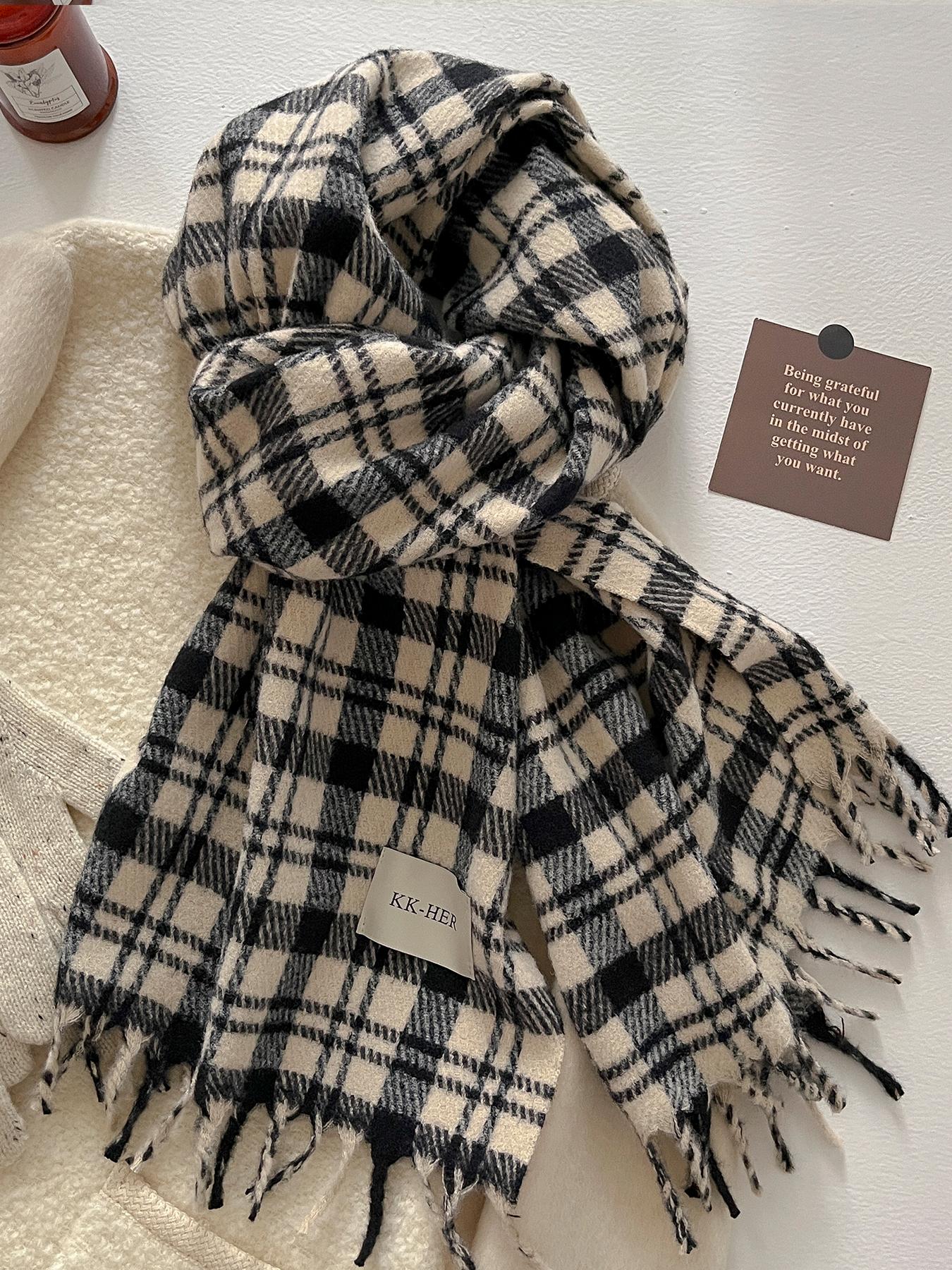 Women's Autumn Winter Casual Fashion Imitation Wool Checkered Scarf, Plaid Woven, Thickened Knit Wrap for Christmas Warmth