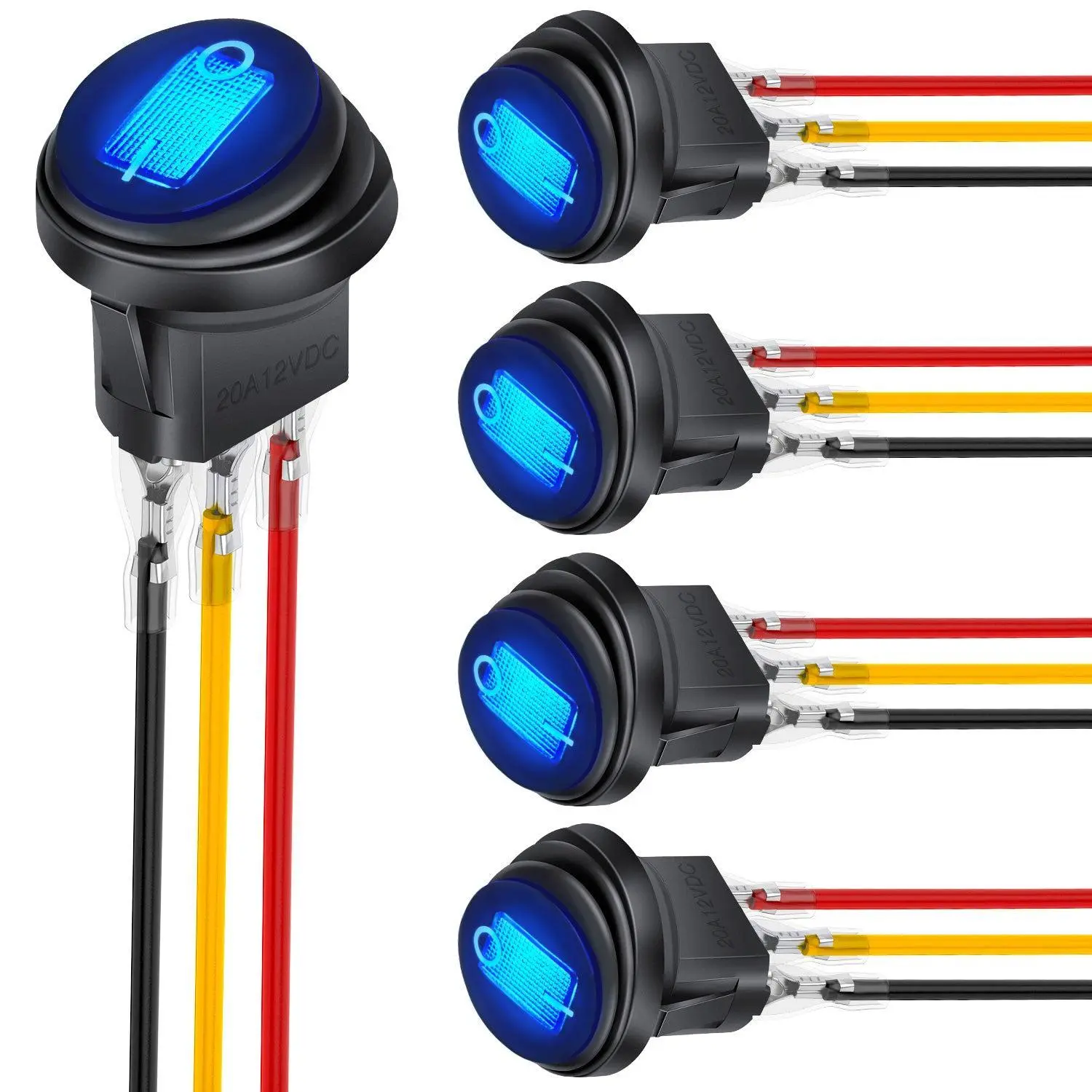 Nilight 5-Pcs Round Shape Rocker Toggle Switch Set Pack - 12V 20A Rating, 3-Pin SPST ON/OFF Control, Blue LED, Plastic-Metal Construction, Locked Terminal Wires, IP65 Waterproof Outdoor Safe Auto Replacement Parts for Cars, Trucks