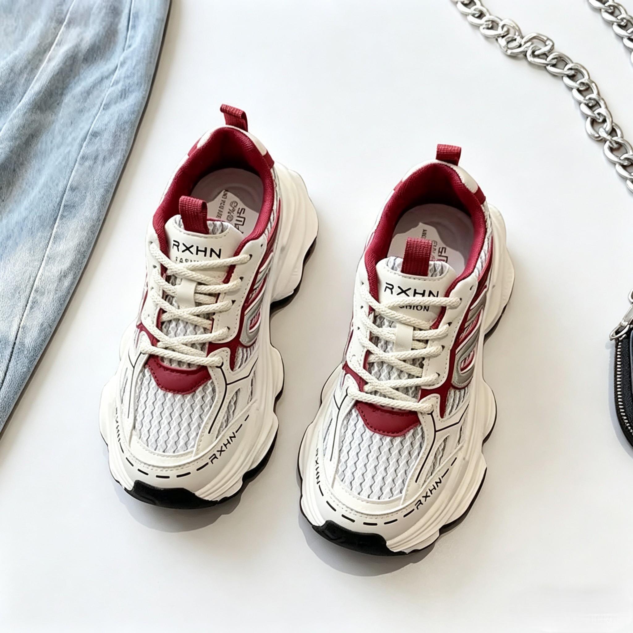 Women's Chunky Dad Sneakers, Breathable Mesh Platform Running Shoes, Non-Slip Casual Athletic Trainers, Lightweight Lace-Up Comfortable Walking Shoes for Everyday, Work, Gym & Streetwear - White Gray