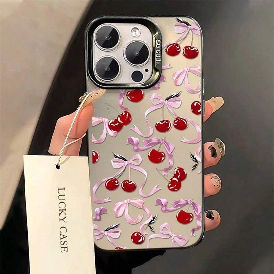 1pc Full Screen Pink Bow Red Cherry Compatible For Phone17/16/15/14/13/12/11/8/ 7ProMax/Pro/Plus/Xs Max/XS/X,For Compatible With Colored Simple  Fall Prevention Anti-Shock, Anti-Slip, Anti Drop, Camera Lens Protection, Silicone Anti Wear Phone Case ﻿