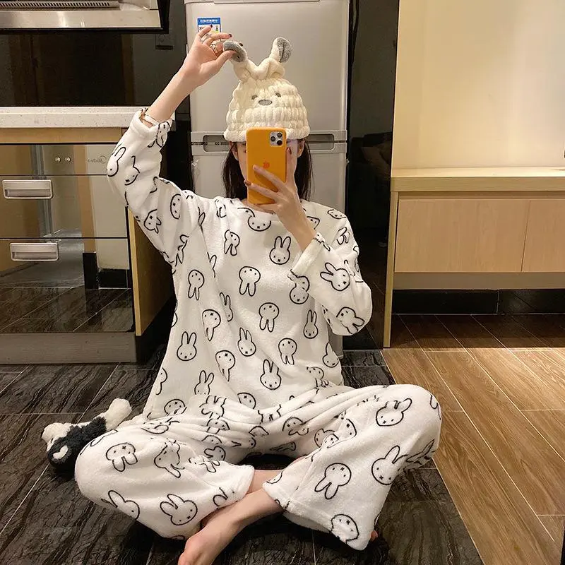 2PCS/Set Miffy Autumn and Winter Flannel Pajama Set Fashionable Anime Printed Home Wear Casual Comfort Long-sleeved Set Gifts