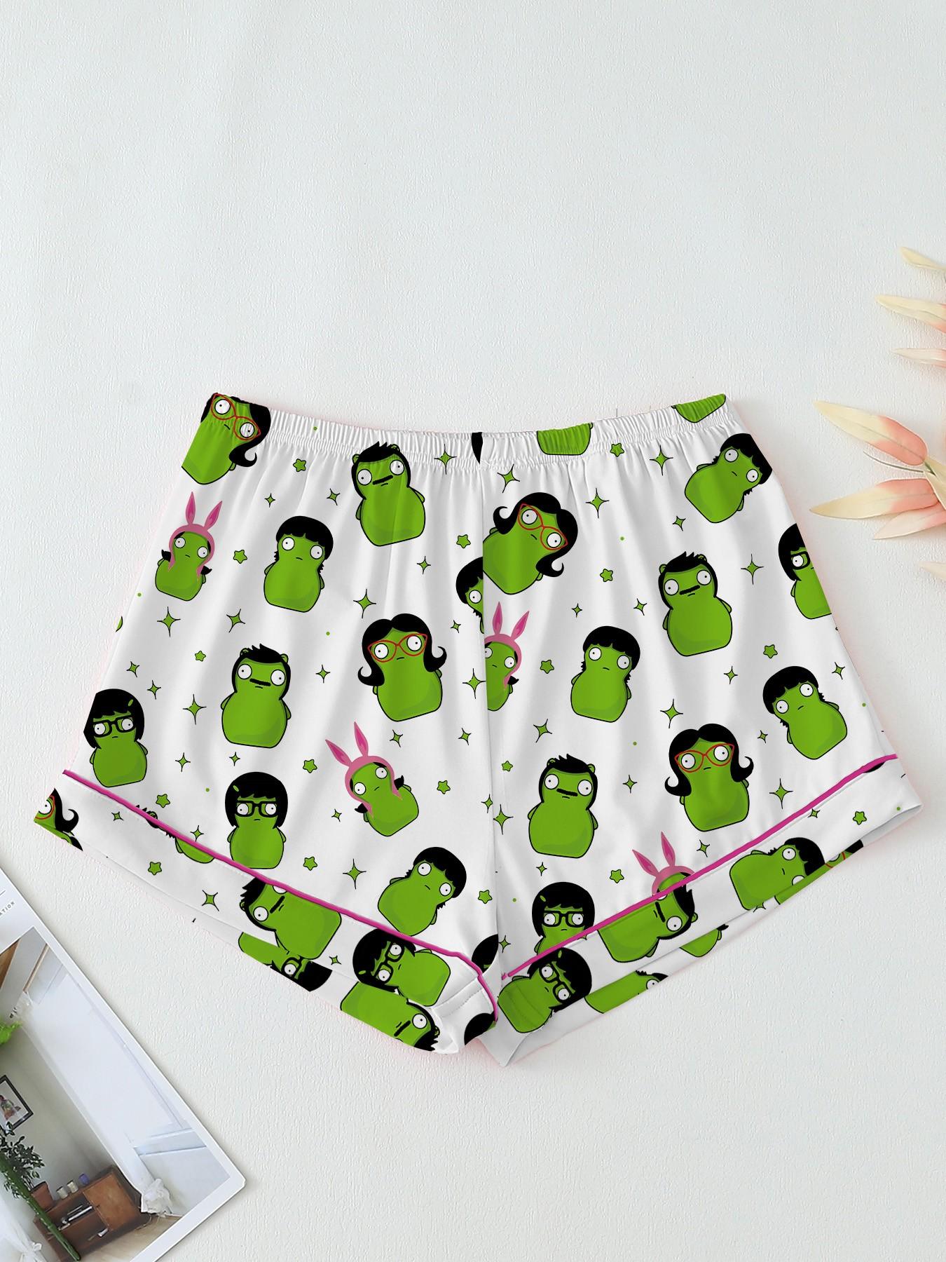 Adorable Cartoon Alien Print Women's Pajama Set Loungewear Pajamas, Comfortable Wear-Home Two-Piece, Short Sleeve Button-Up Top & Elastic Shorts, Casual Homewear Loungewear Nightwear Pjs Pyjamas Gift