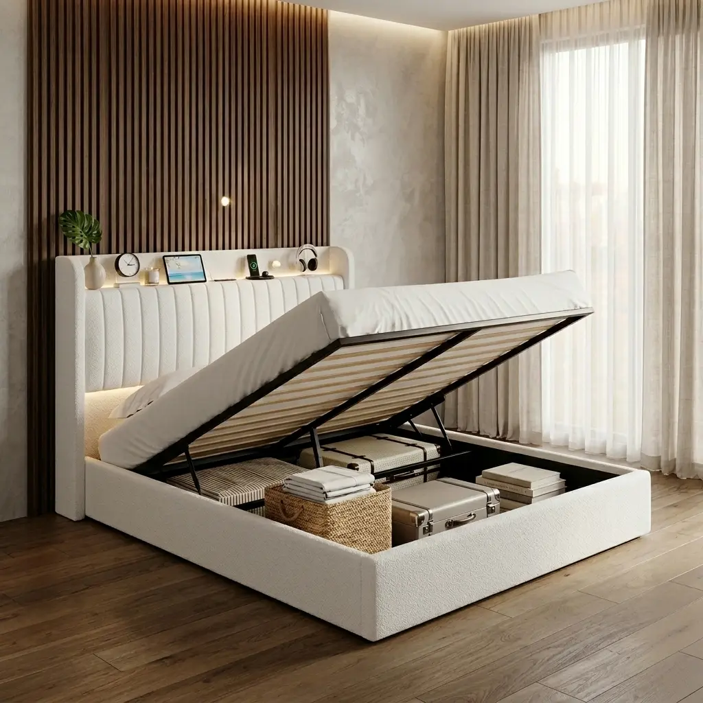 Full/Queen/King Size Lift Up Storage Bed Frame with Charging Station, Velvet Upholstered Platform Bed with Hydraulic Storage, Headboard with USB & Type-C Ports, No Box Spring Needed, Black/White/Grey/Cream White