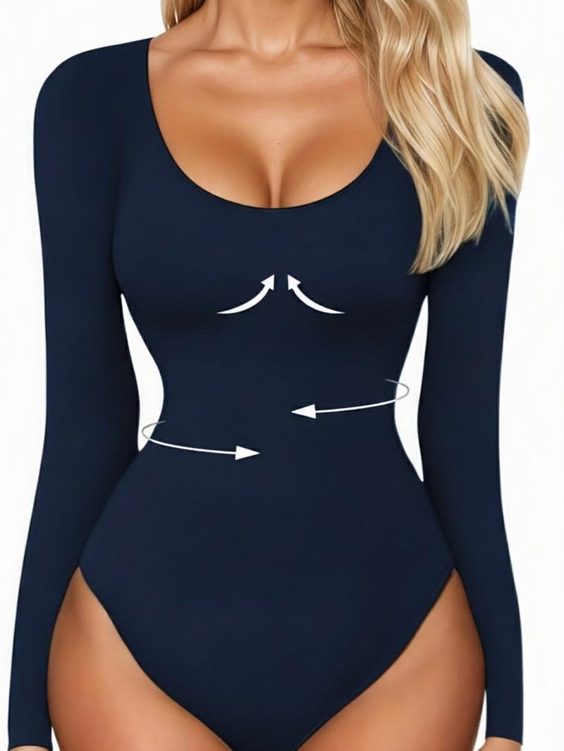 Women's Ribbed Abdomen Control Bodysuit, Long Sleeve Seamless T-Shirt, Comfortable Scoop Neck Bodysuit Stretchy Basic Tops, Fit Soft Elastic Fabric, Perfect for Daily Wear and Going Out, Shapewear for Fall&Winter