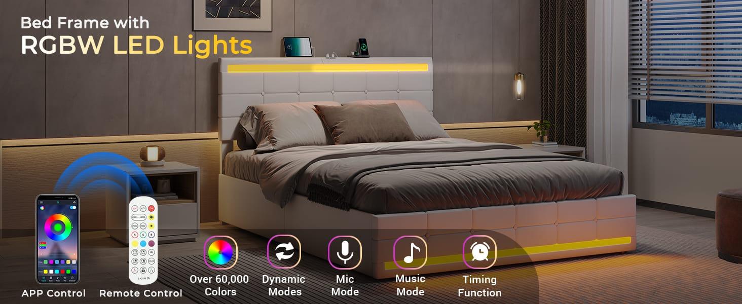 Sikaic PU Leather Platform Bed Frame With 4 Storage Drawers LED Lights Adjustable Headboard White angersbed Furniture Modern Grey Design