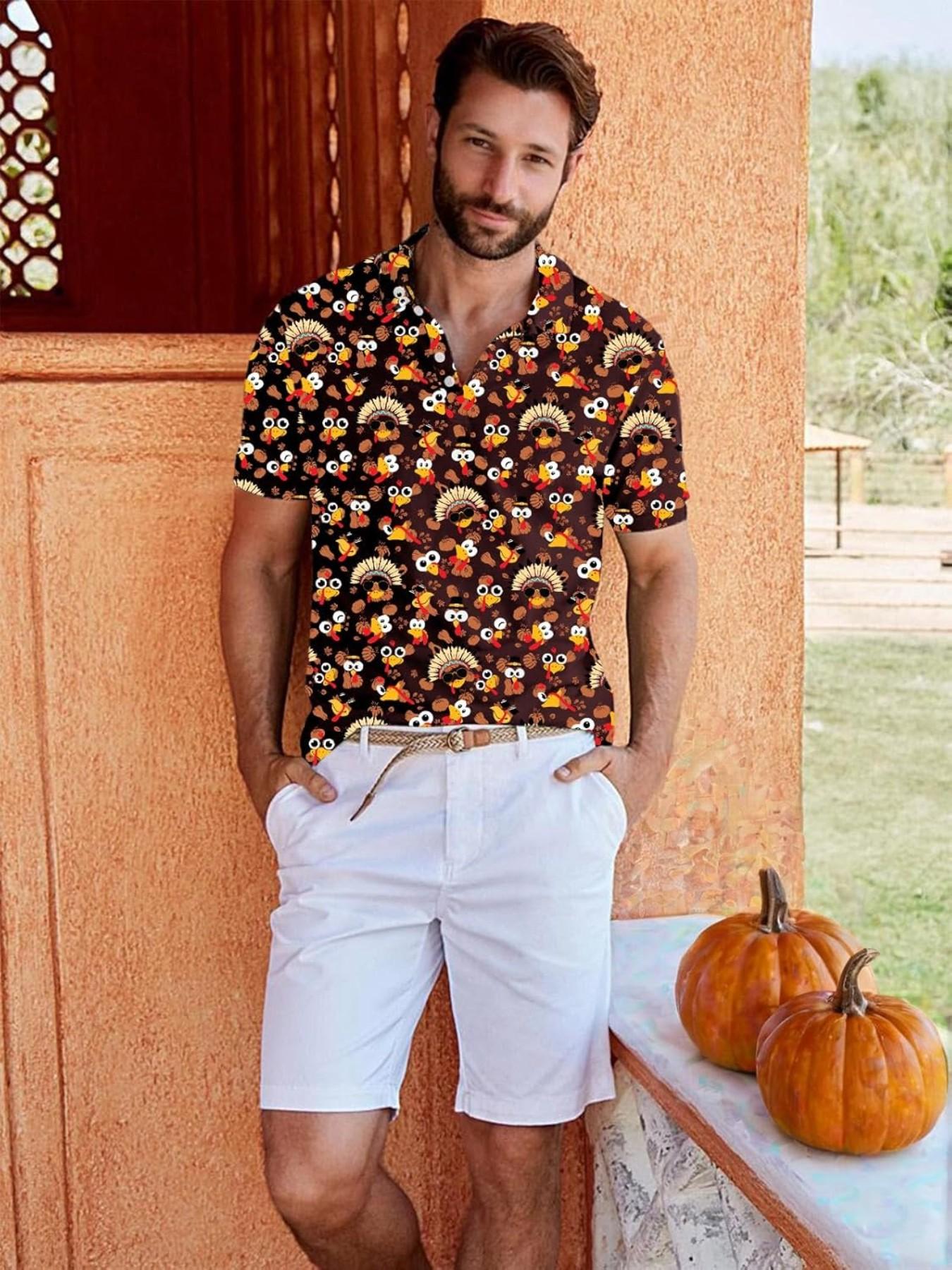Men's Thanksgiving Theme Polo Shirt, Cartoon Turkey Pumpkin Pattern, Turn-Down Collar Three Button Short Sleeve, Breathable Festival Golf Top，Unisex (Recommended ordering one size up),polo shirt for men,deals of the day