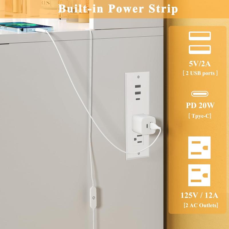 Vanity Desk with Mirror and Lights, Makeup Vanity with Glass Top & Power Outlet, White Vanity with 4 Drawers & 3 Long Hidden Storage Shelves, 3 LED Lighting Modes Adjustable for Bedroom