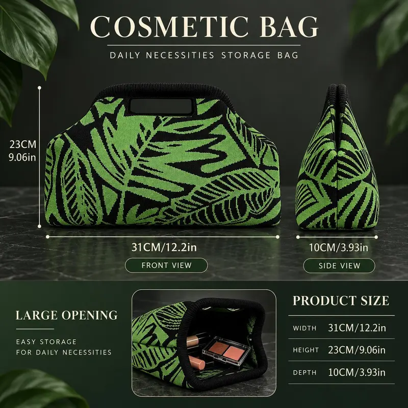 Women’s Green Leaf Cosmetic Bag, Large Capacity Makeup Organizer with Cutout Handle, Knitted Jacquard Travel Toiletry Pouch for Makeup, Skincare, Brushes and Daily Essentials, Portable Beauty Storage Bag for Women, Vacation and Home