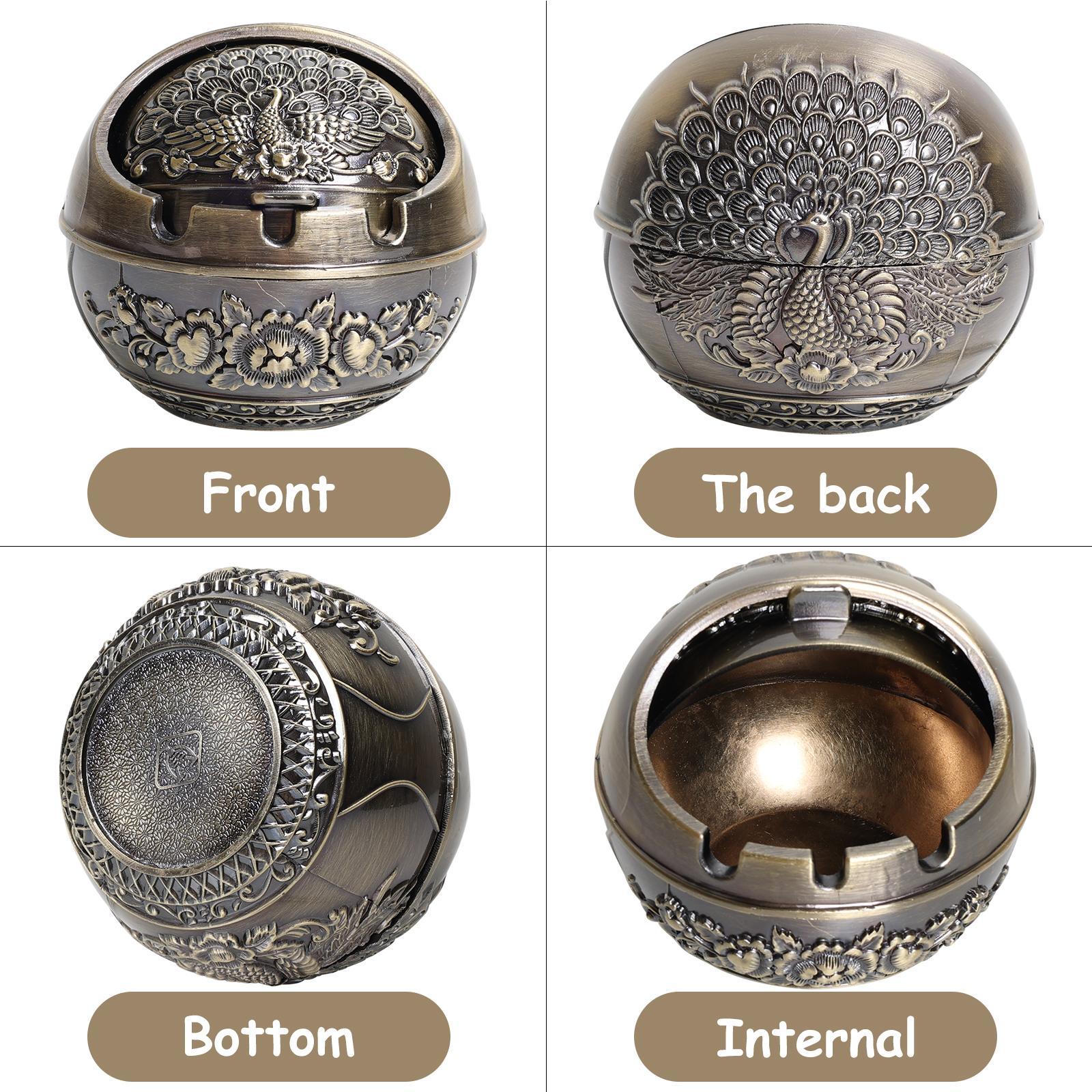 Vintage Metal Peacock Pattern Ashtray Portable Travel Pocket Size Reusable Smokeless Decorative Ash Holder Durable Waterproof Stylish Retro Art Ornament Multifunctional Essentials for Home Office Bar Outdoor Patio Camping Travel Indoor Desktop Table Decor