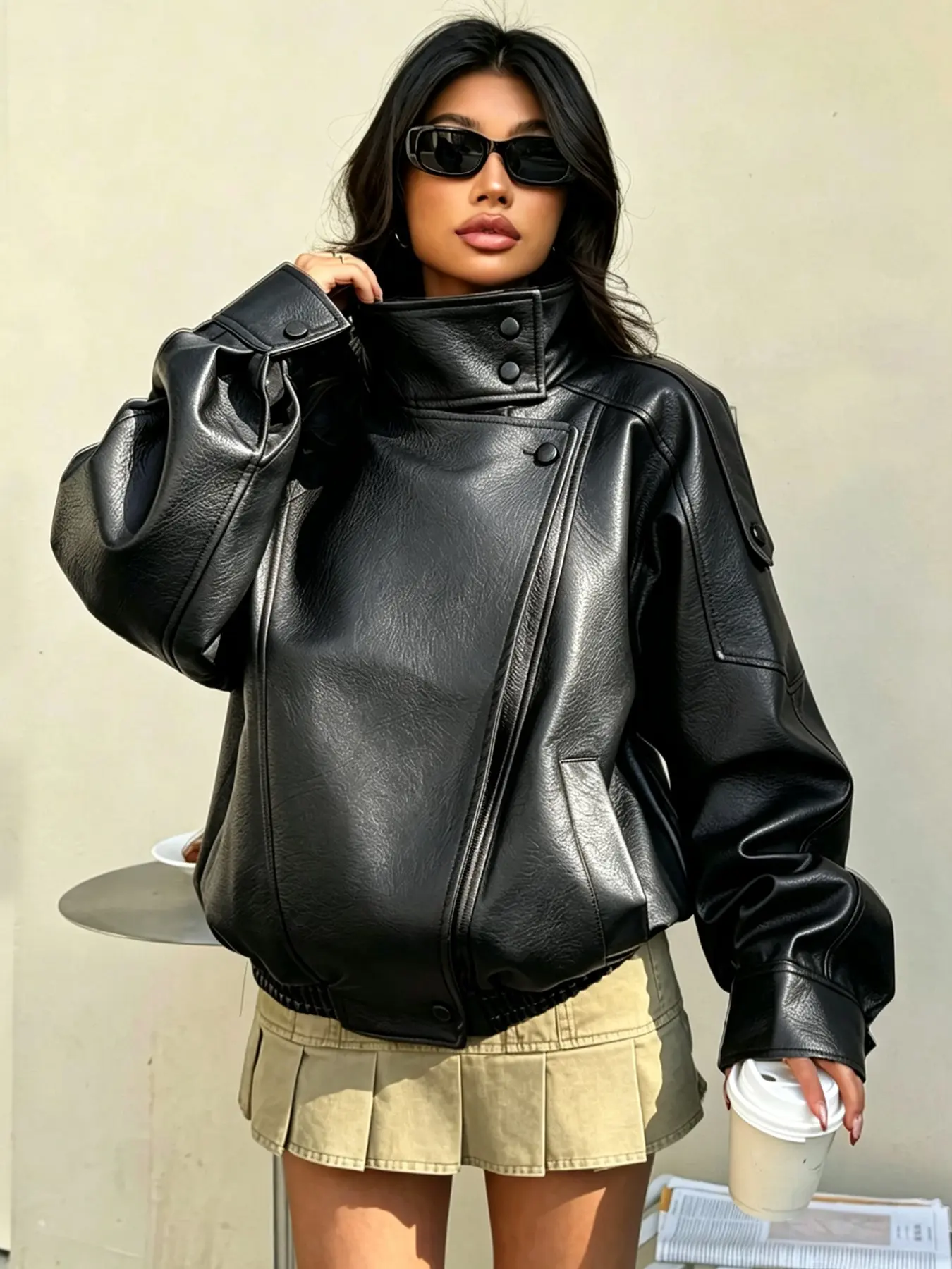 Women's PU Leather Motorcycle Jacket, Y2K Retro Style, Fashion, Windproof Warm Thickened, Asymmetric Zipper, Roll Collar, Loose Fit, Fall Winter Outerwear