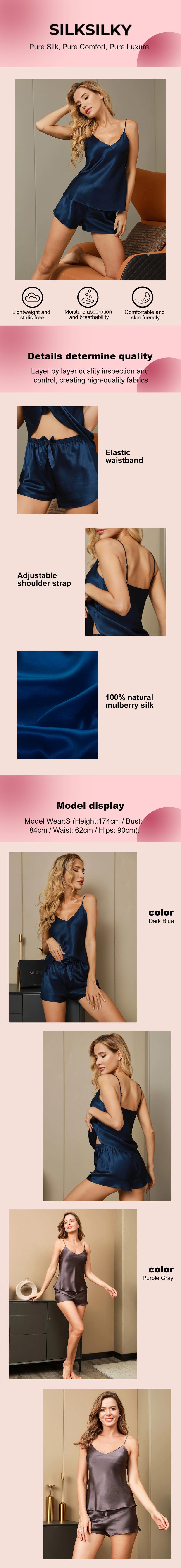 SILKSILKY Women's 100% Silk Camisole Pjs Set, Pure Mulberry Silk Adjustable Spaghetti Strap Summer Pajamas, Available in Dark Blue, Purple Gray