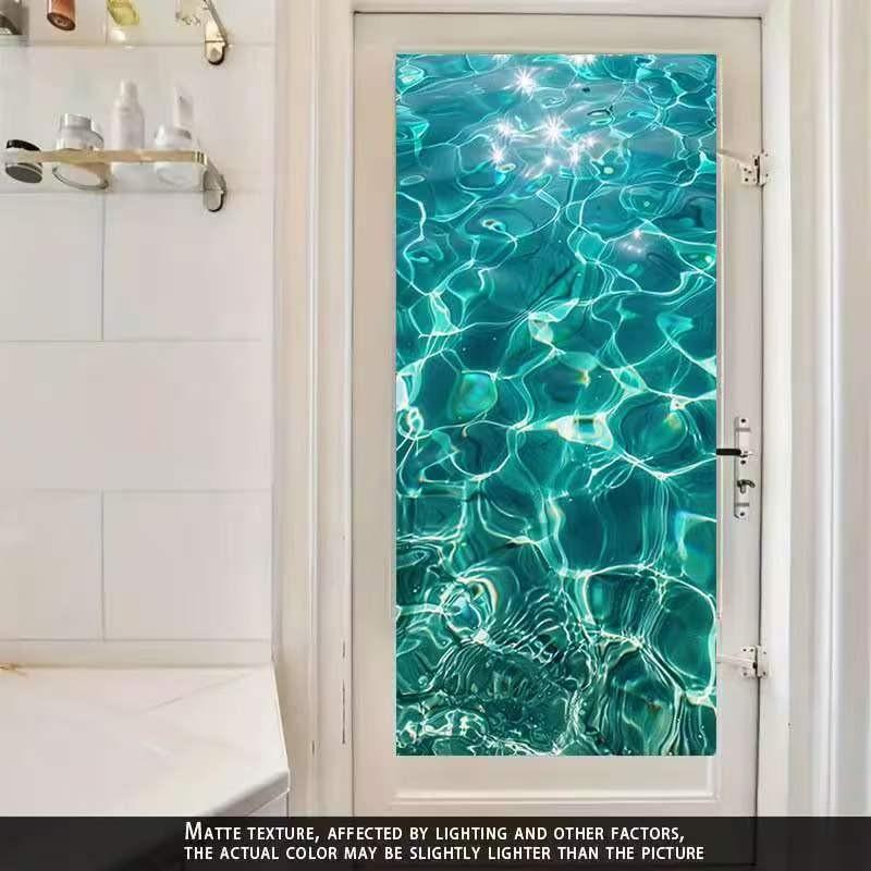 2D PVC Painted Glass Film, Reusable Blue Wave Wallpaper, Easy Removal, Ideal for Living Room, Bathroom, Bedroom, Office Decor