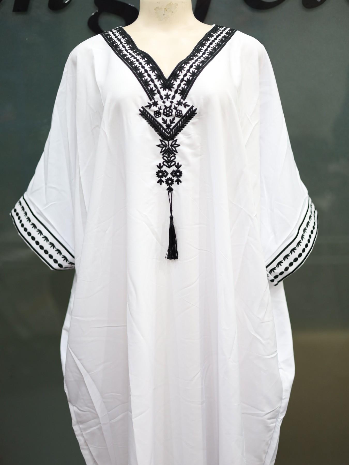 Women's Summer Solid Color Embroidered Fringe Caftan Casual Wear Dress with Pockets and Side Slit