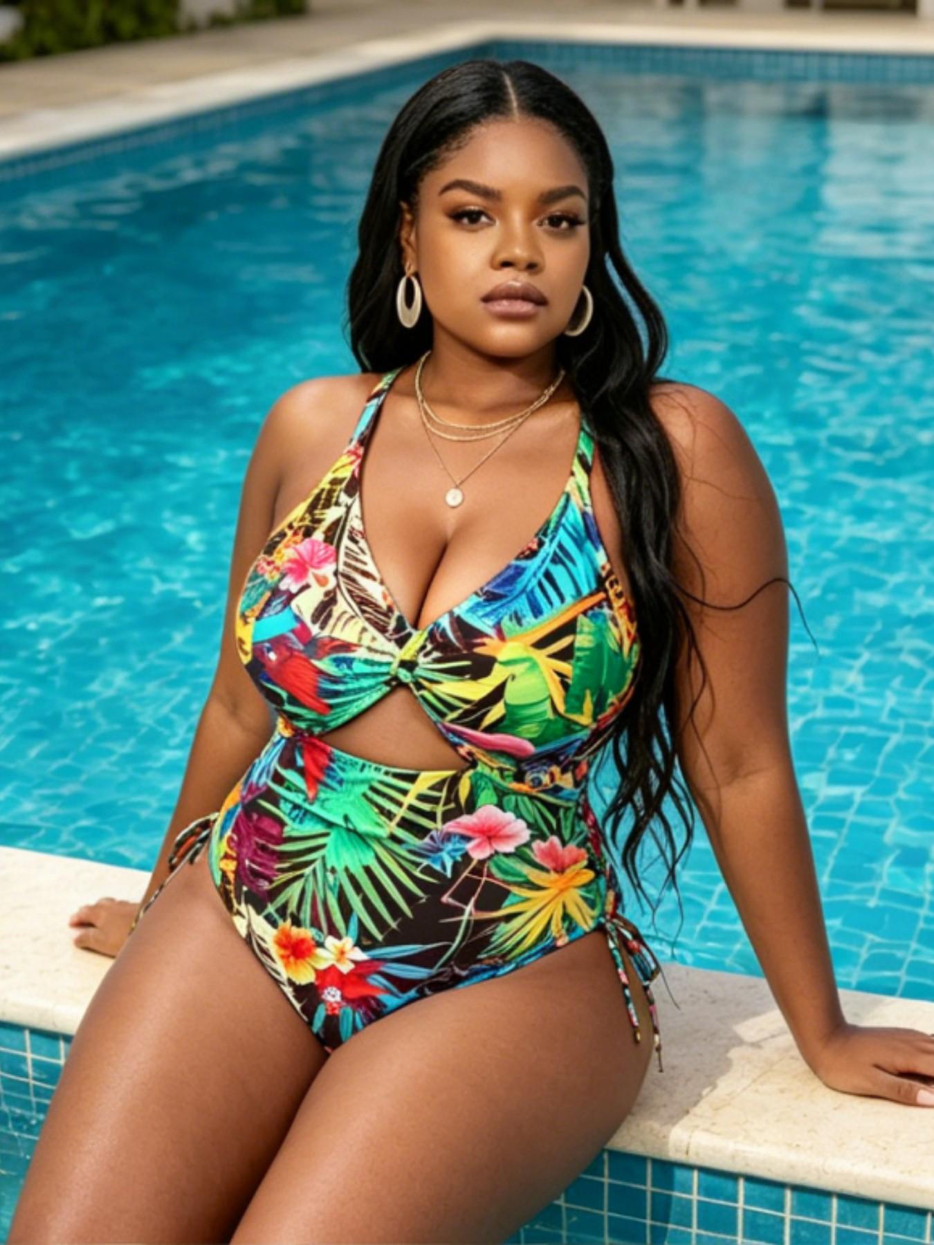 New European Style Plus Size Women's Colorblock Print Cutout Cross Back Tie Summer Swimwear Swimsuit, Sexy Backless Slim Fit One-Piece Swimsuit for Beach Pool Vacation