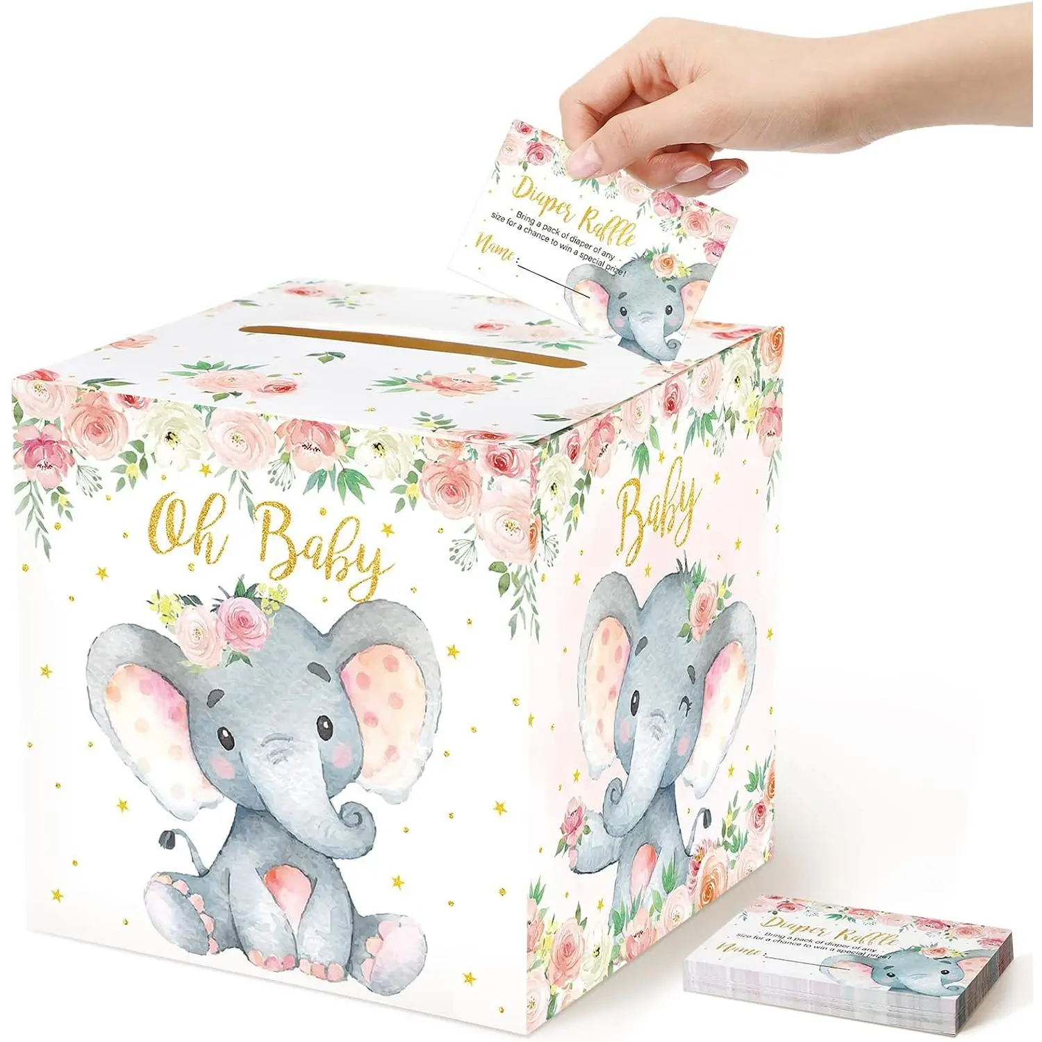 51 count Diaper Raffle Card Box with Tickets, Elephant