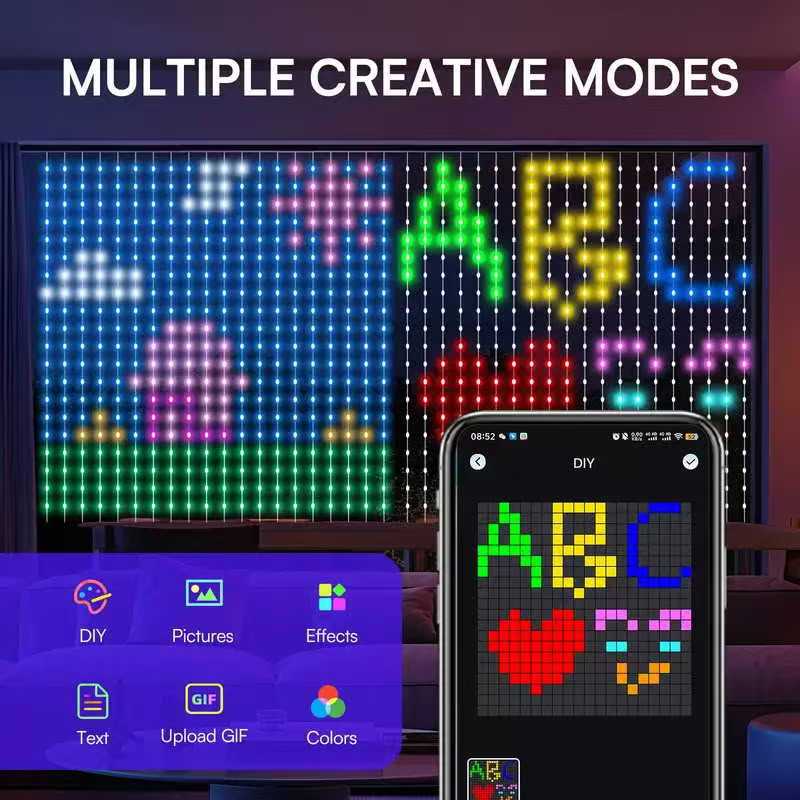 Smart RGB Curtain Lights with App & Remote Control, Music Sync, 100+ Lighting Modes, IP65 Waterproof LED Curtain String Lights for Bedroom Wall Wedding Party Home Decor Smart RGB Curtain Lights with App & Remote Control, Music Sync, 100+ Lighting Modes, IP65 Waterproof LED Curtain String Lights for Bedroom Wall Wedding Party Home Decor