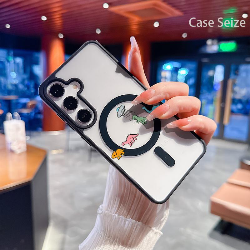 Magnetic Smartphone Case - Cute Dinosaurs & UFO Beam Funny Adventure Design, Black Border, Anti-Yellowing, Slim Lightweight Bare Feel, Luxury Premium Protection for Samsung Galaxy S22 S23Fe S24 S25 Plus Ultra Cellphone Handheld Devices