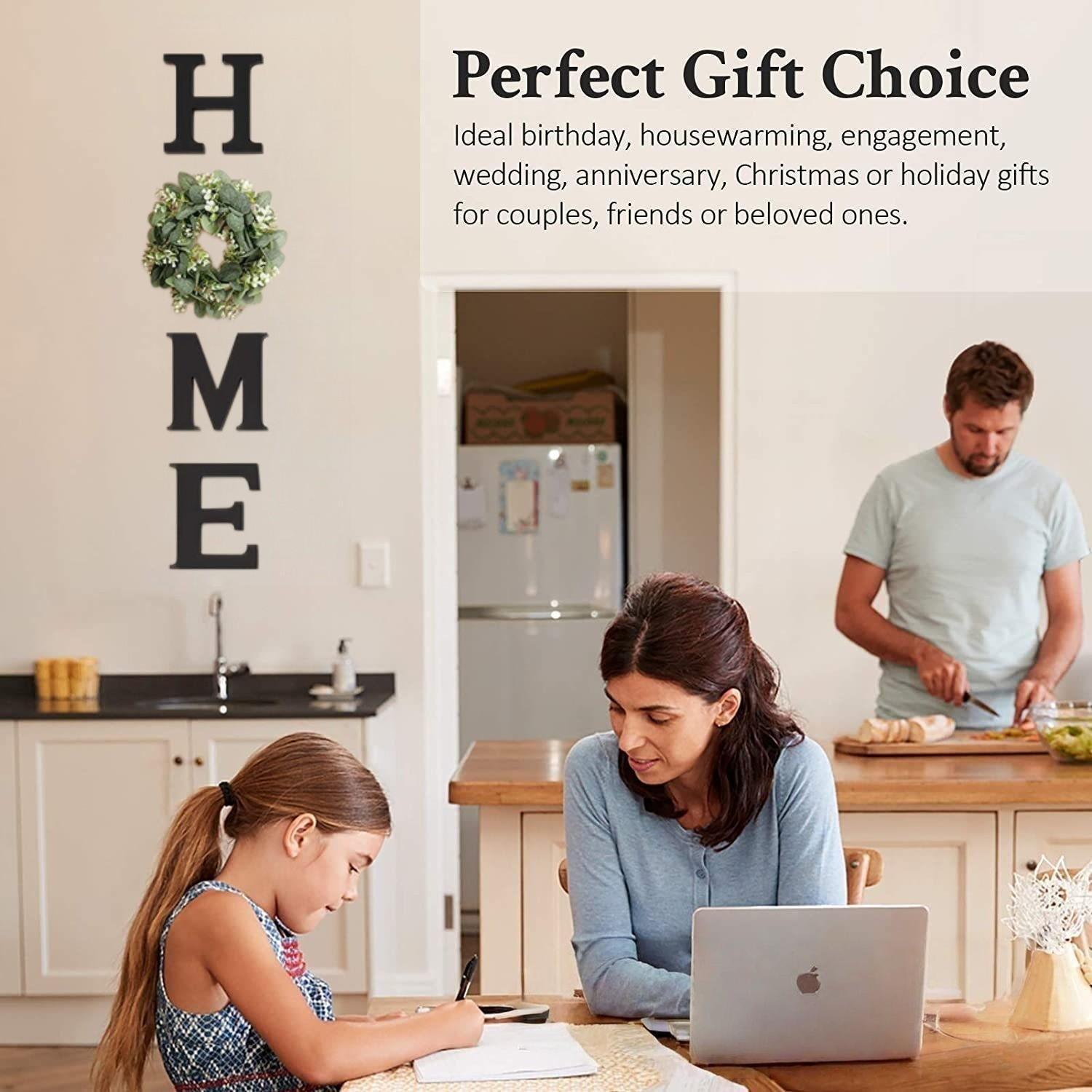 Wooden HOME Letters with Artificial Eucalyptus Wreath, Modern Hanging Farmhouse Sign, Wall Decor for Living Room and Kitchen and Christmas