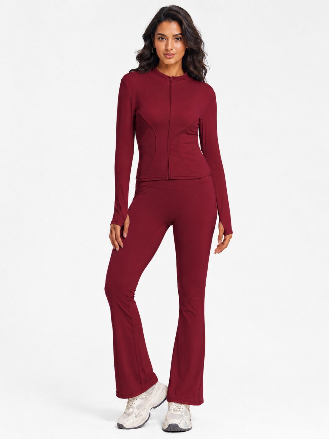 Women's Sport Set 2 Piece Outfits, Slim Fit High Stretch Activewear Running Zip Up Jacket and High Waist Flared Yoga Pants Tracksuit with Pockets Sportswear Set Athletic Clothes Set