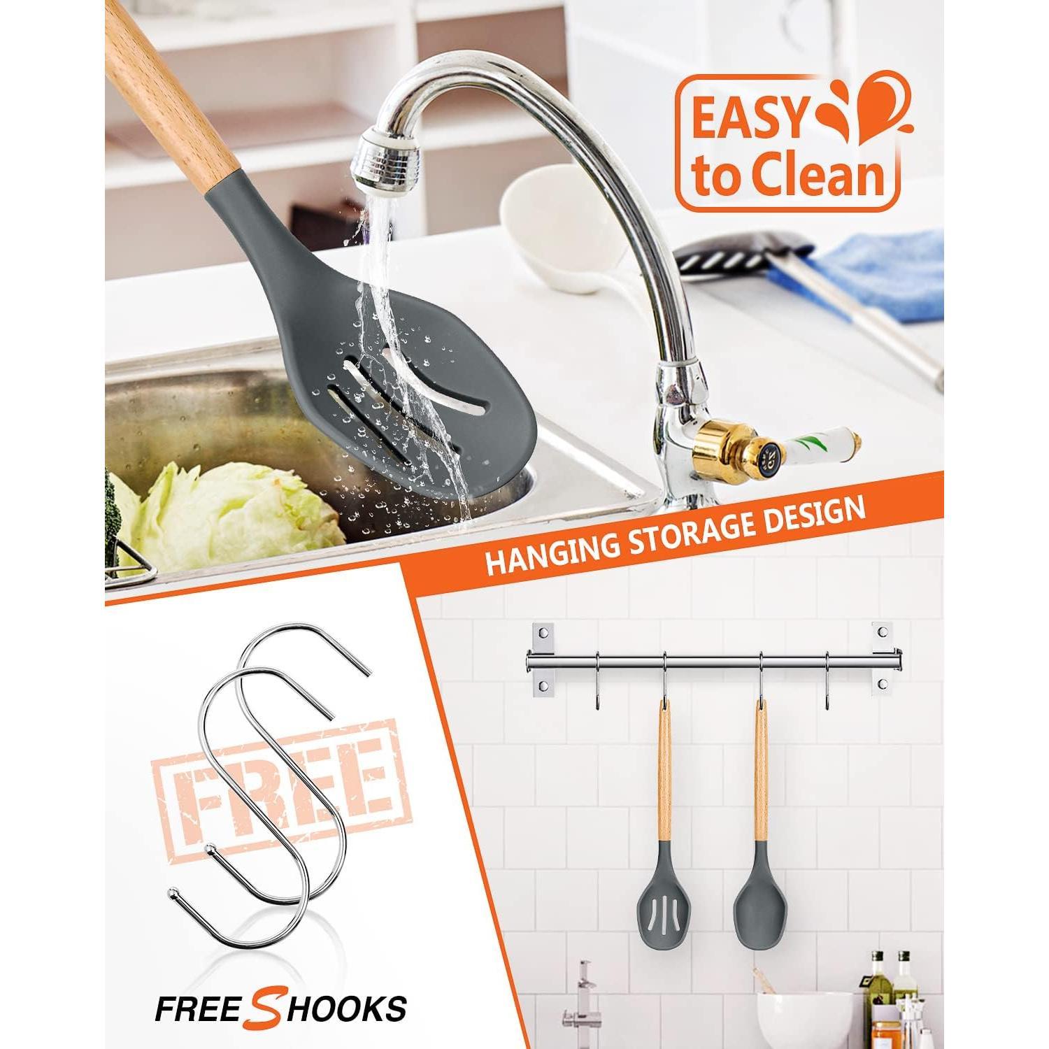 Large  Cooking Spoons, 2 Pack Nonstick Solid and Slotted Wooden handle Spoon Set, Heat Resistan  Kitchen Spoons for Cooking, Serving, Basting, Mixing (Grey)