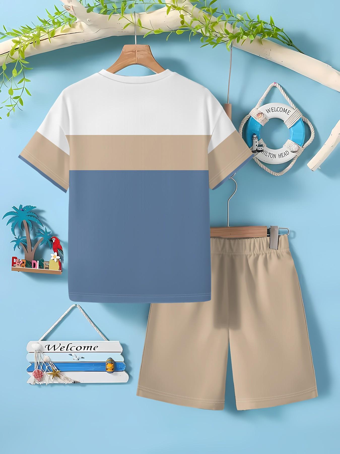 Summer Casual Set, Boy Short Sleeve T-Shirt with Shorts, Comfortable Breathable Sporty, Multi-Color Design, Essential for Daily Wear, Graphic Print Set
