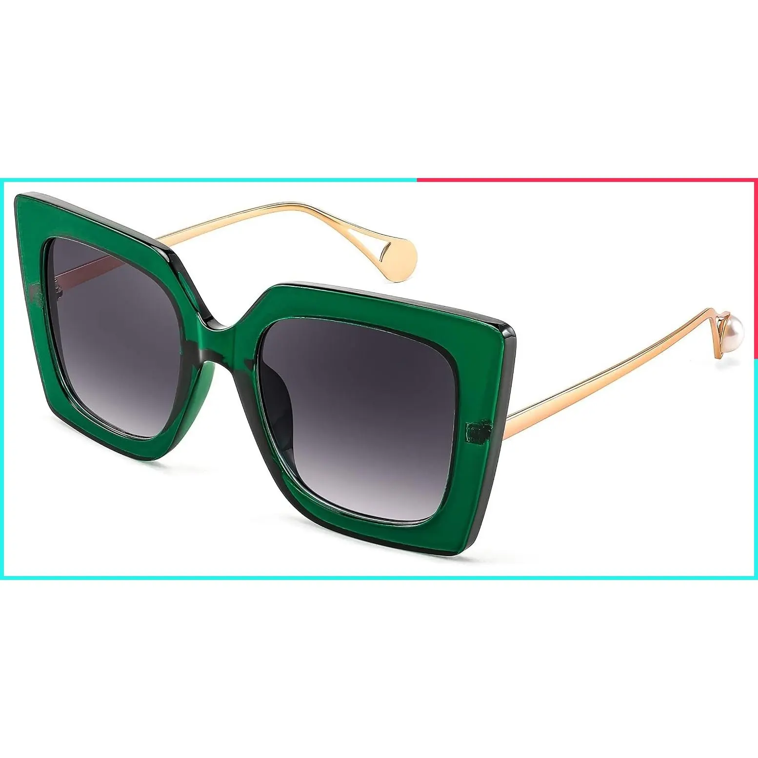 Women's Trendy Oversized Square Sunglasses, Pearl Inlay Cat Eye Frame, UV400 Protection B2625
