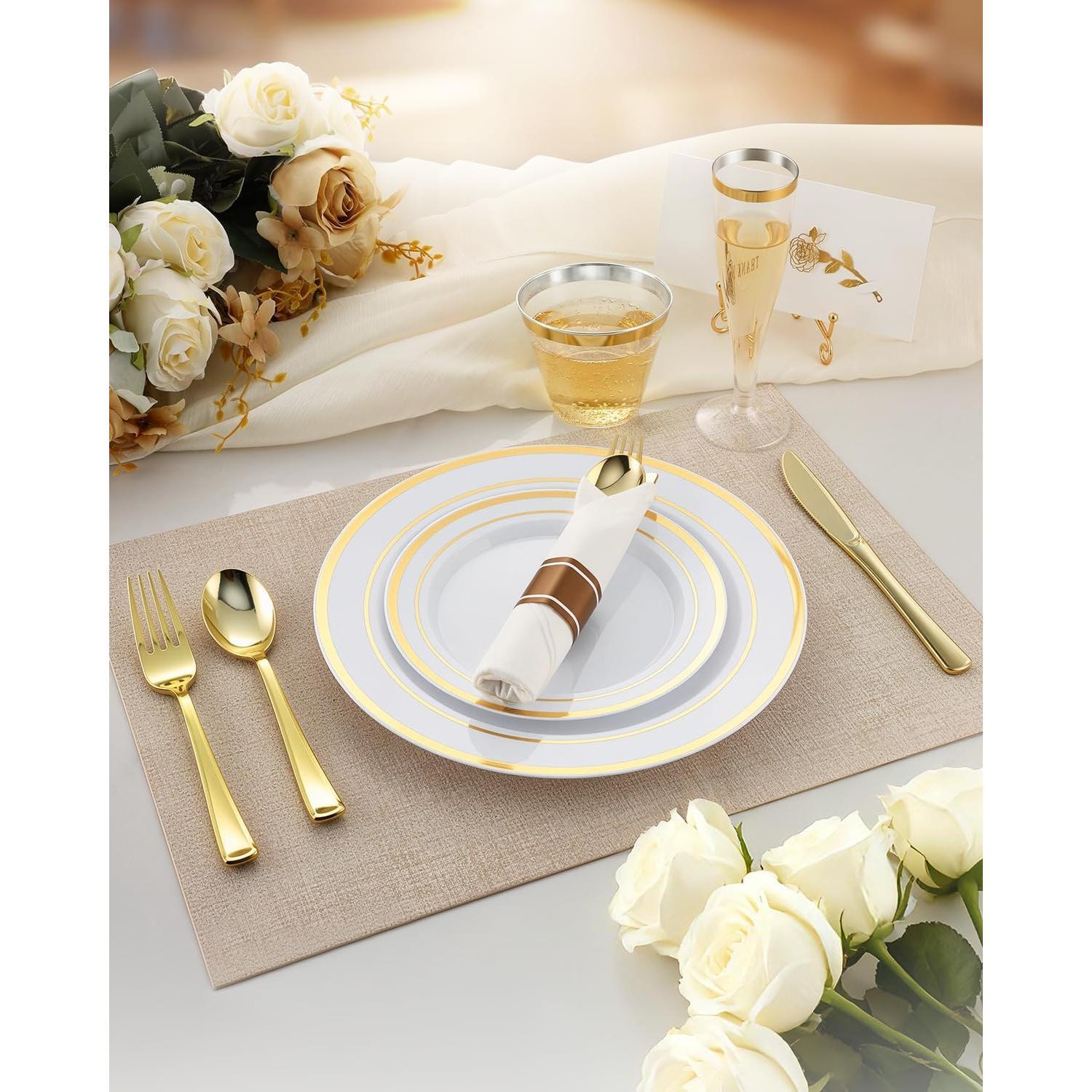 200 count Disposable  Party Plastic Plate Sets for 25 Guests | Include 25 Dinner Plates, 25 Dessert Plates, 25 Napkins with Silverware, 25 Cups, 25 Champagne Glasses, for Party, Wedding