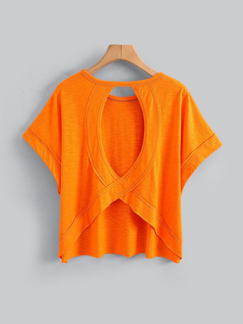 Women's Plain Cut-Out Asymmetrical Hem Batwing Sleeve Tee, Casual Short-Sleeve Round-Neck T-Shirt for Summer, Ladies' Clothing for Daily Wear