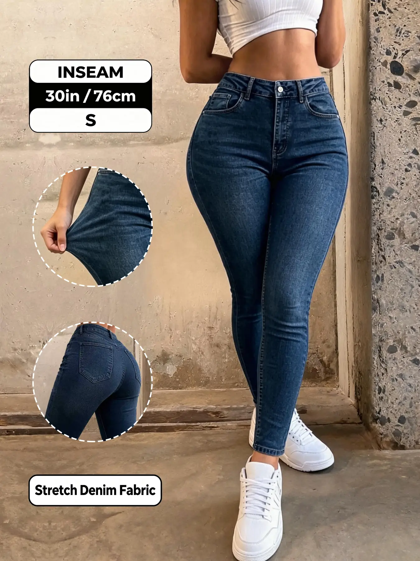 Women's High-Waisted Slim Fit Jeans, Stretchy Ankle-Length Denim Jeans, Everyday Casual Washed Design, Solid Color Long Jeans for All Seasons
