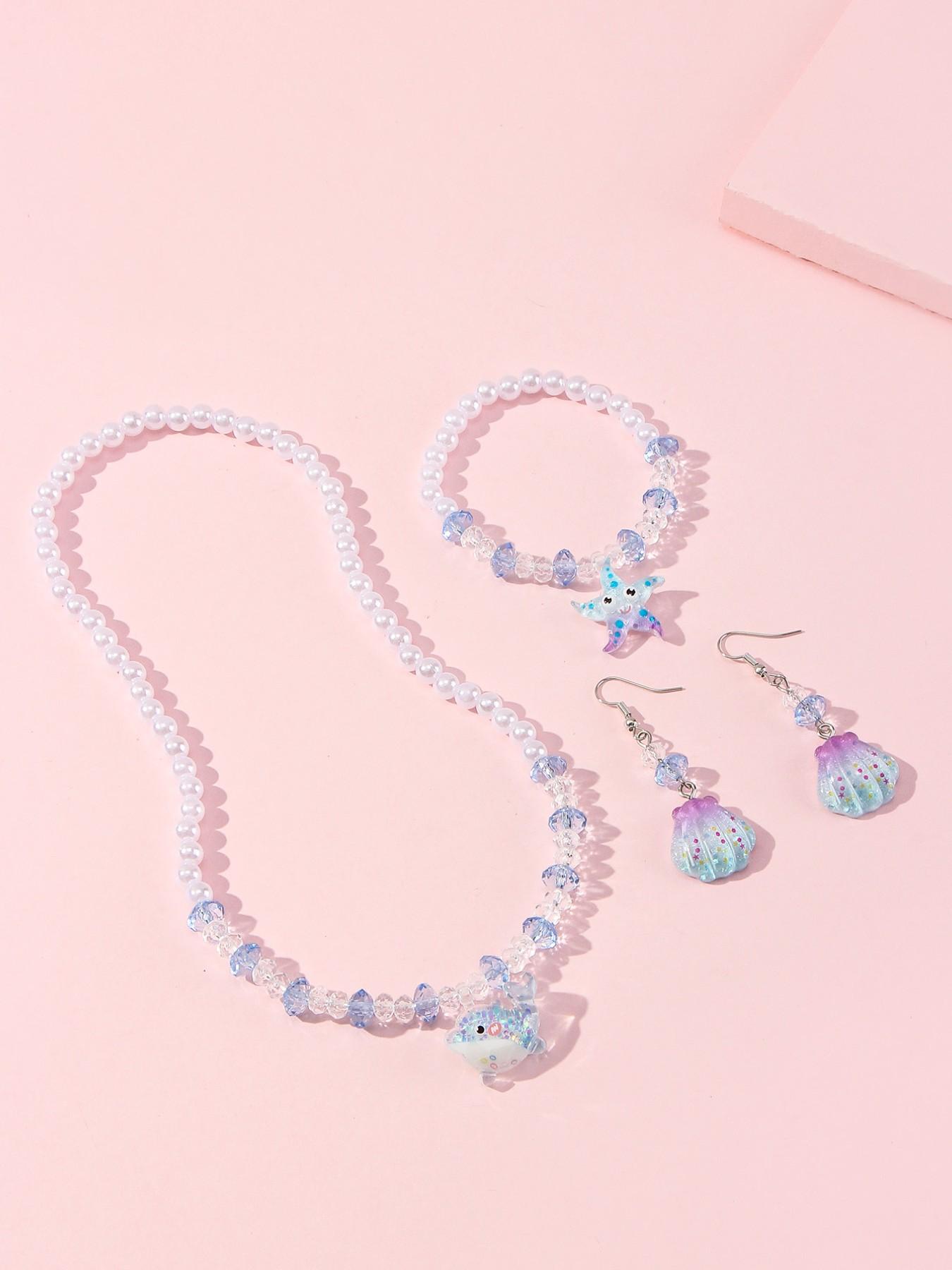 4pcs/set Acrylic Ocean Animal Pendant Pearl Bead Necklace Bracelet Set, Cute Butterfly Pattern, All Seasons, Perfect Gift for Girls