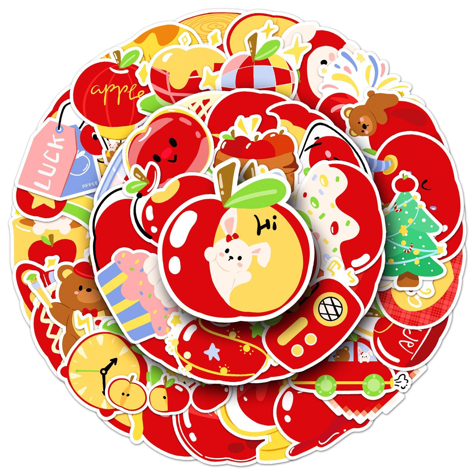 50pcs Cute Apple Stickers, Kawaii Apple Waterproof Vinyl Decals, Cartoon Fruit Stickers for Laptop, Water Bottle, Luggage, DIY Scrapbook, Journal