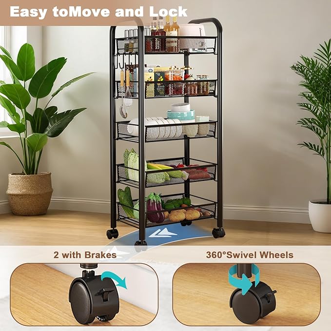 5 Tier Rolling Cart with Wheels Easy Assemble Metal Slim Rolling Storage Cart for Narrow Space On Bedroom Bathroom Laundry Room 5 Tier Rolling Cart with Wheels Easy Assemble Metal Slim Rolling Storage Cart for Narrow Space On Bedroom Bathroom Laundry Room