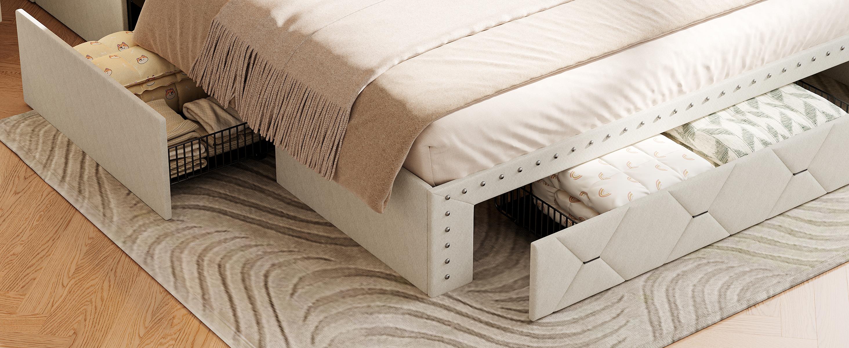 Vabches Queen Bed Frame with Storage Headboard and 3 Drawers, Upholstered Platform Bed Frame with LED Lights and Charging Station, 3-Tier Shelves, Rivet Trim, No Box Spring Needed, Noise Free