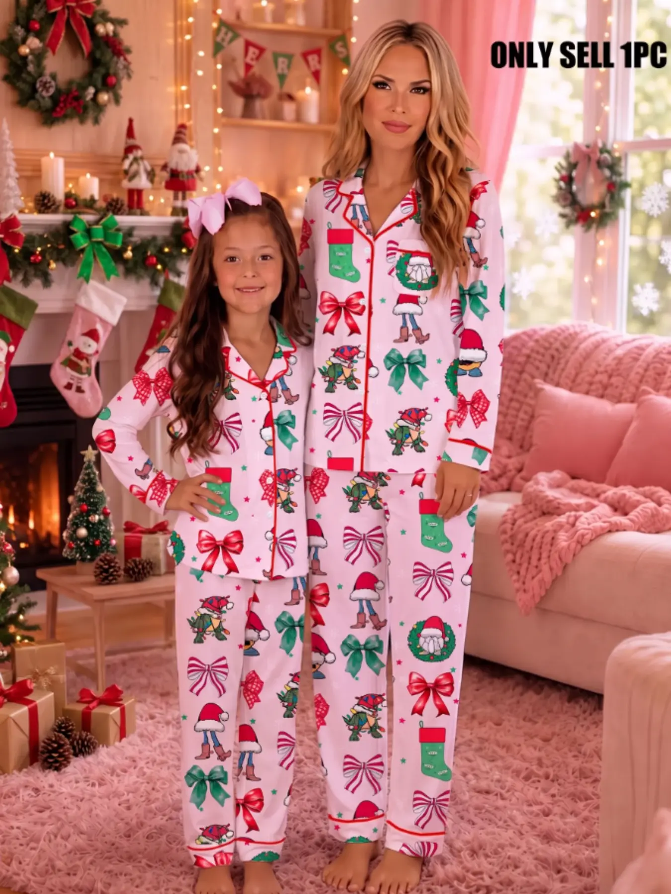 Family Christmas Cartoon Pajama Set, Long Sleeve Button Front Top, Elastic Waist Pants, Cute Fitted Sleepwear for All Seasons