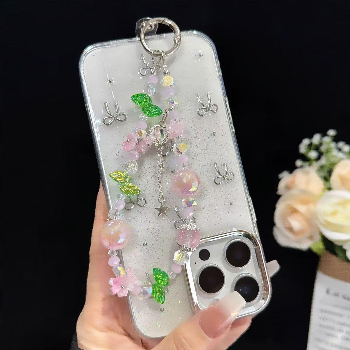 European Style Crystal Phone Charm, Blue Flower Leaf Pearl Silver Star Pendant, Anti-Loss Phone Chain, Fits Phone Case, Ccd Camera Bag Strap