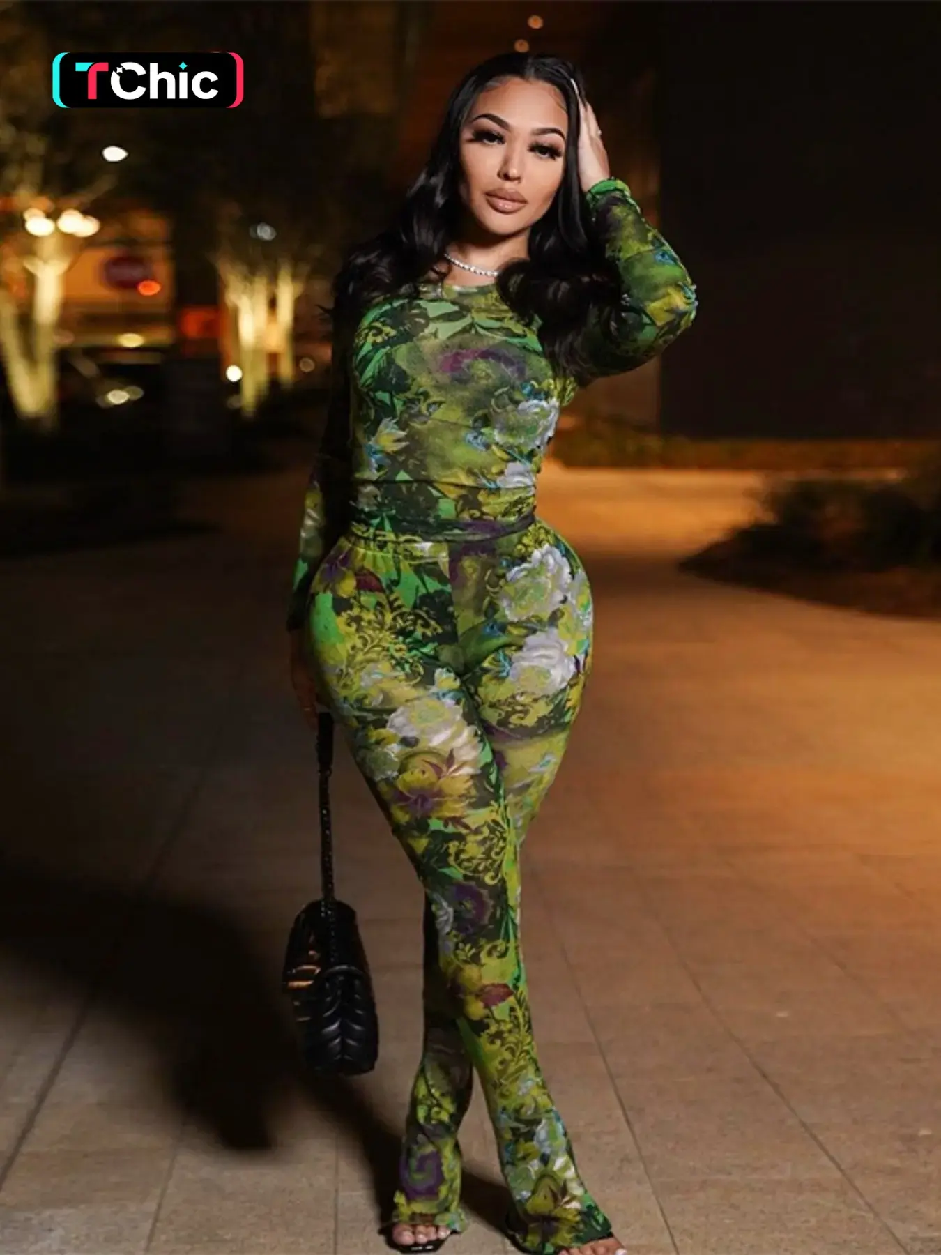 Women's Sexy Slim Fit Long Sleeve Print Jumpsuit Set, Fashionable Two-Piece, All Seasons Wear, Unlined, No Zipper