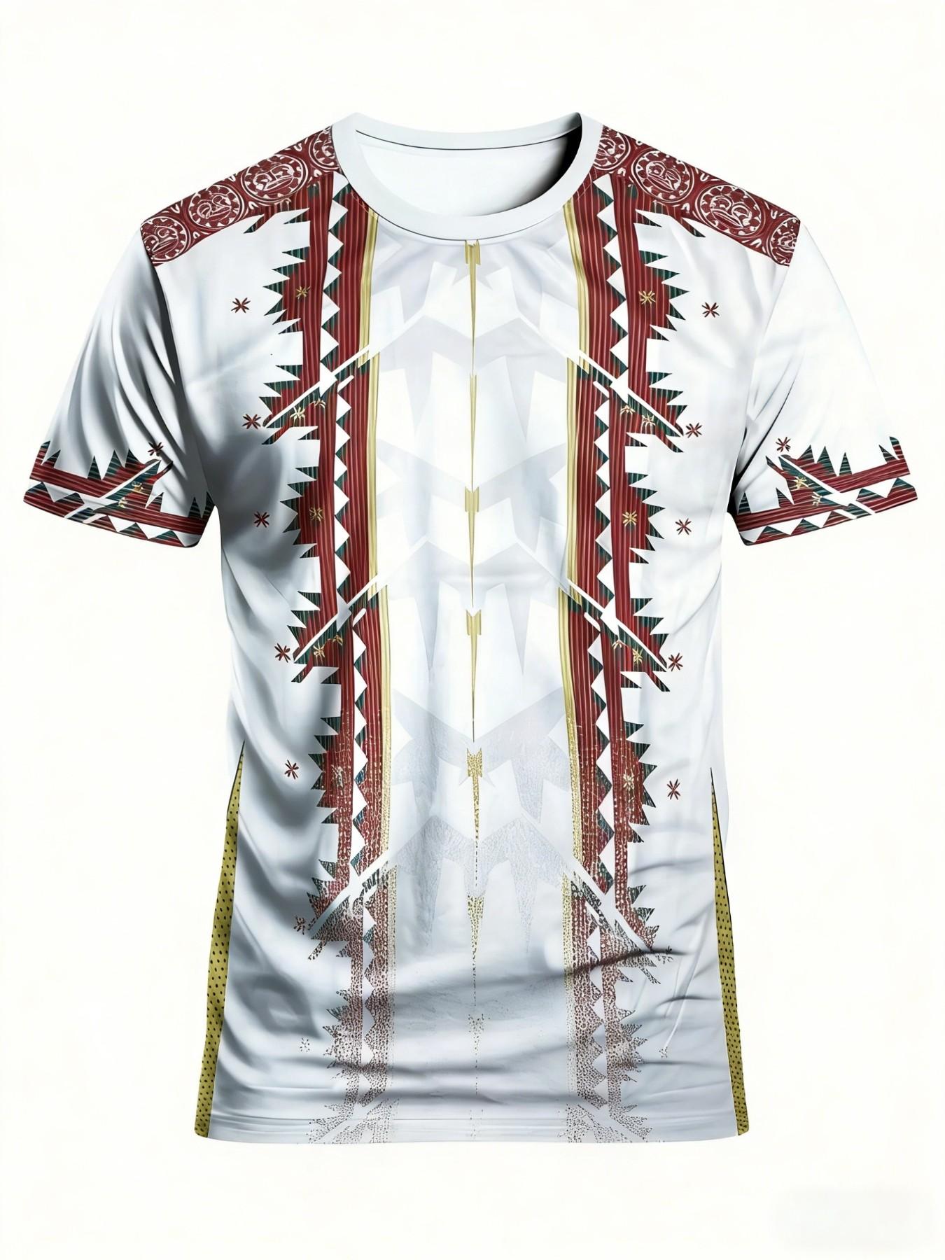 Men's Aztec Tribal Geometric T-Shirt, Native Culture Street Style Round Neck Short Sleeve Top, Loose-Fitting All Seasons Clothing