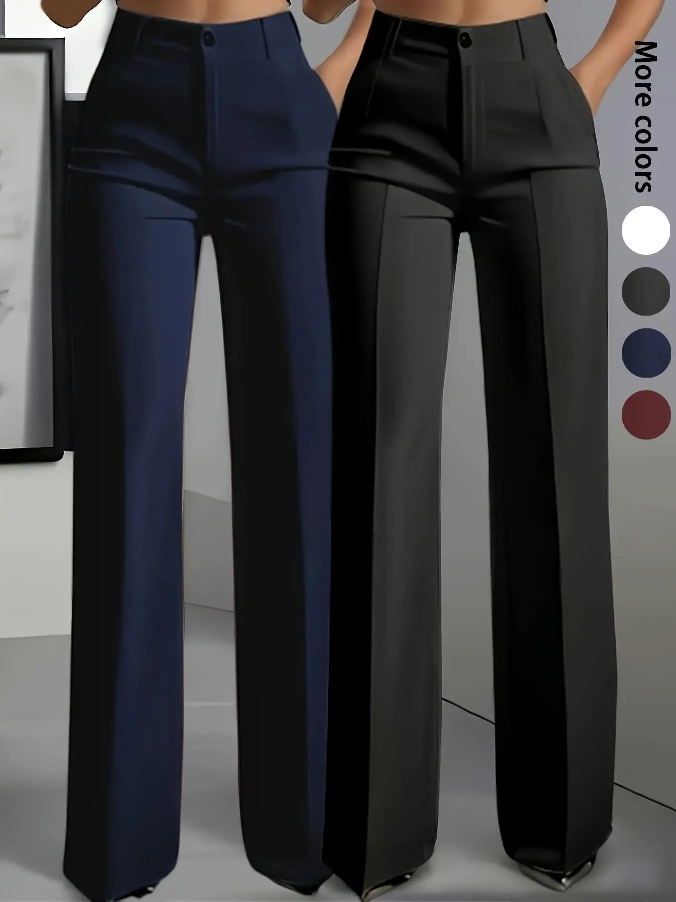 2-Pack Women's Elegant Solid Color Straight Leg Trouser Pants, Zipper Fly, High Waist, Pockets, Casual Business, All Seasons