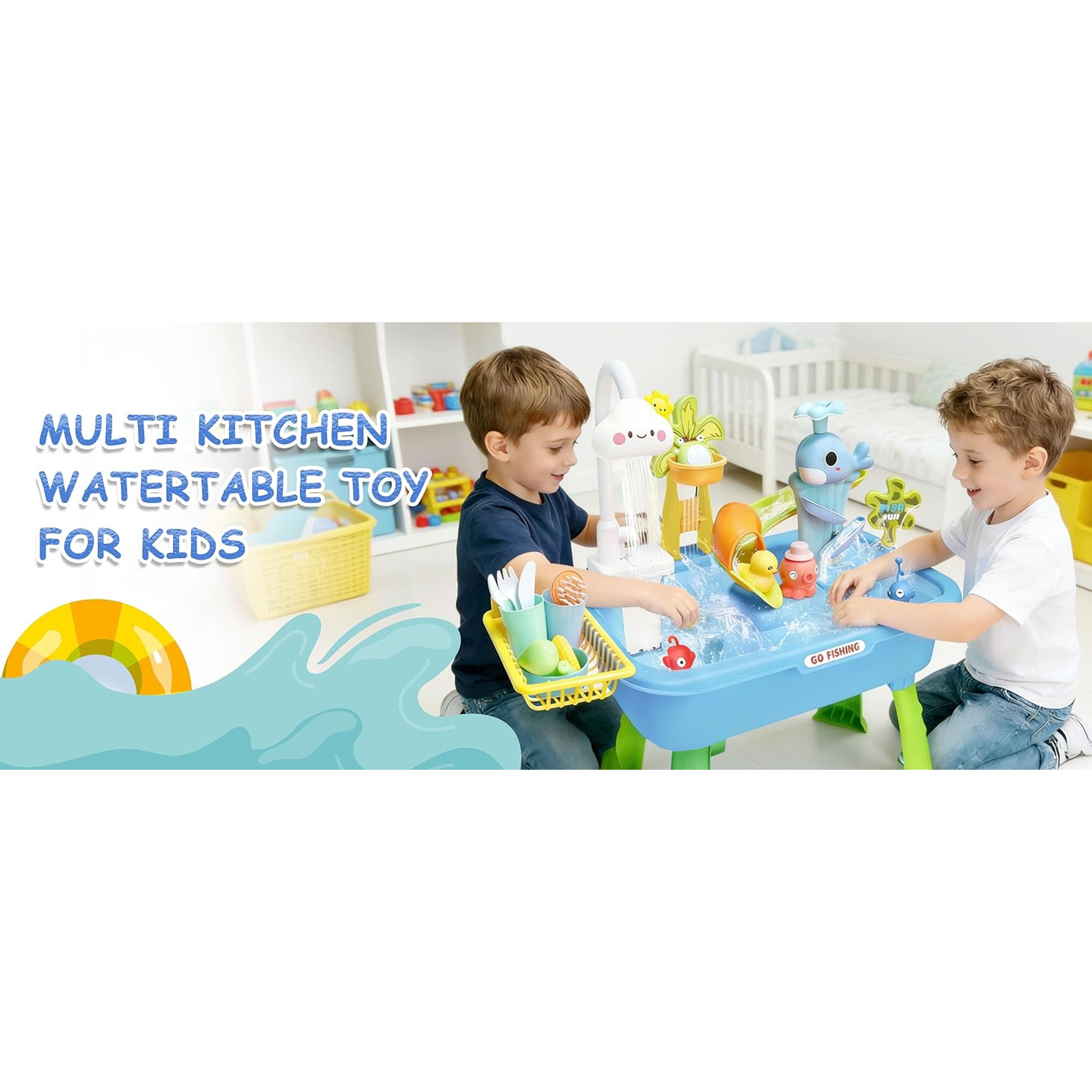 4-in-1 Electric Water Table for Toddlers 1-5, Kids Play Sink with Running Water & Cloud Faucet, Sensory Toddler Water Activity Table with Fishing Game, Outdoor/Indoor Toy Gift for Boys & Girls