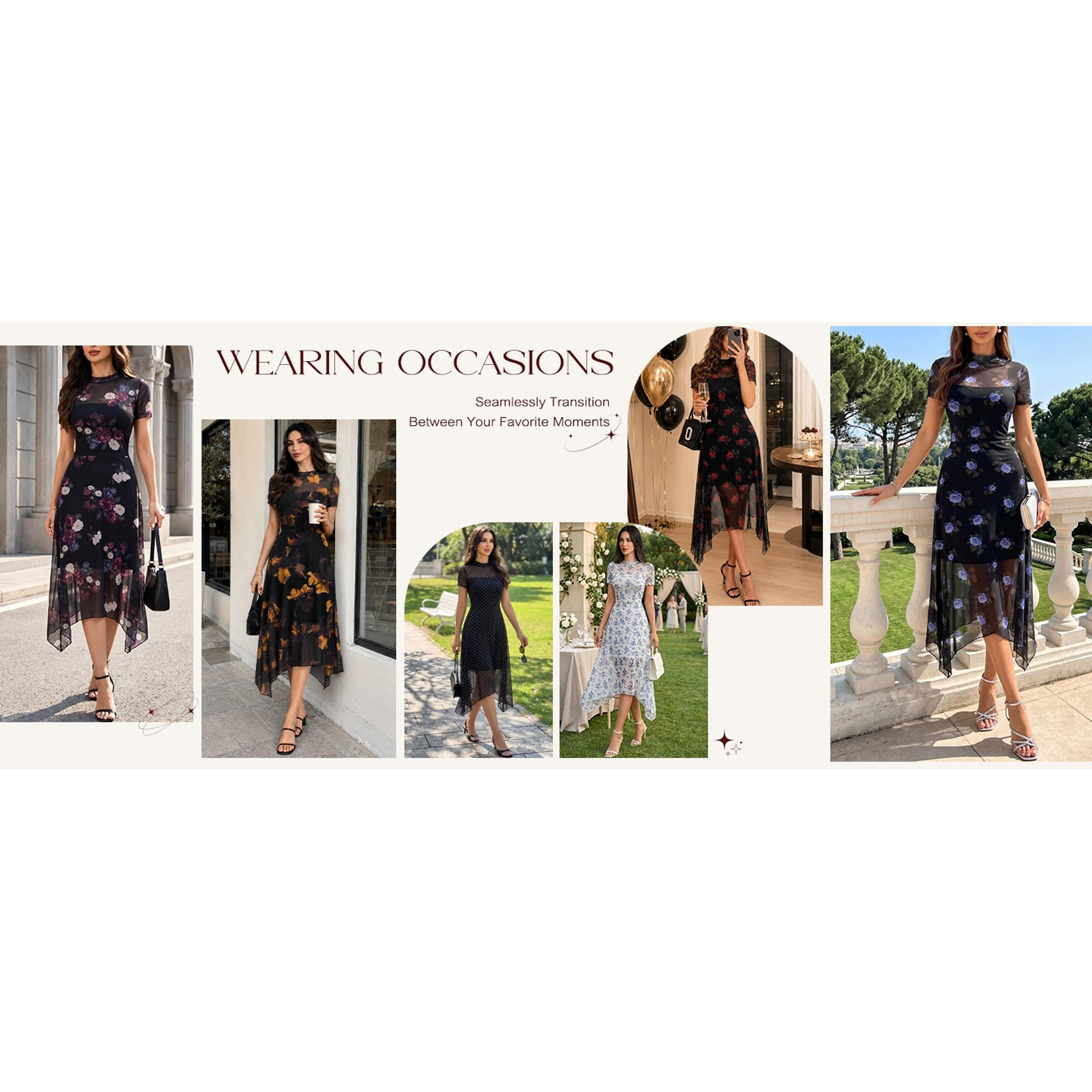Women's Vintage Goth Midi Dress - Floral Print, Mesh Spliced, Double-Layered, Irregular Hemline, Flower Accent, Slim Fit, for Wedding Guests, Party, Casual, Everyday Wear