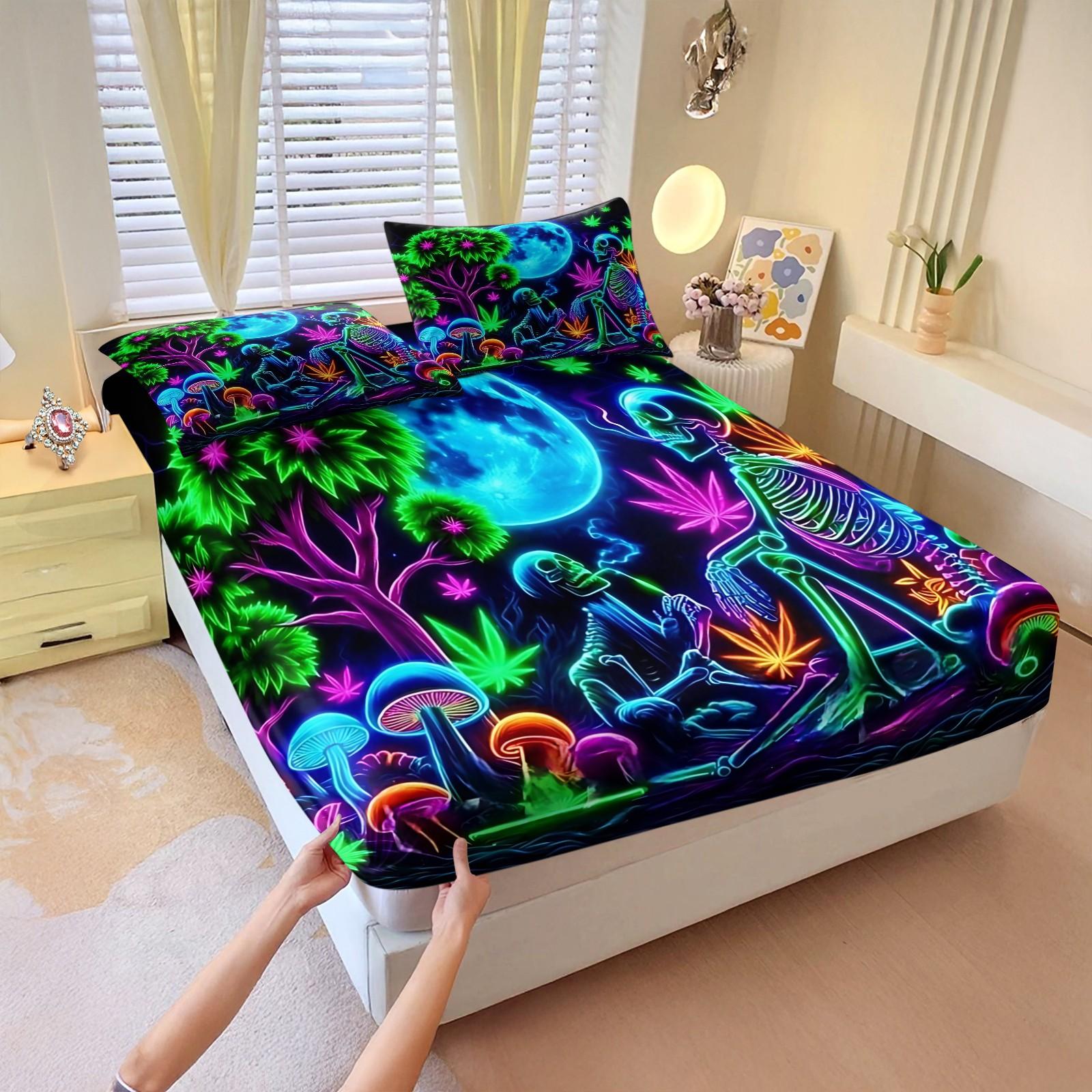 3pcs Psychedelic Fluorescent Skull Alien Pattern Fitted Sheet Set, Skull Fantasy Forest Full Moon Element Bedding Set. With Bright and Bold Colors.Made of Soft Microfiber Material, Includes 2 Pillowcases, Not Include Pillow Inserts, Bed Sheets