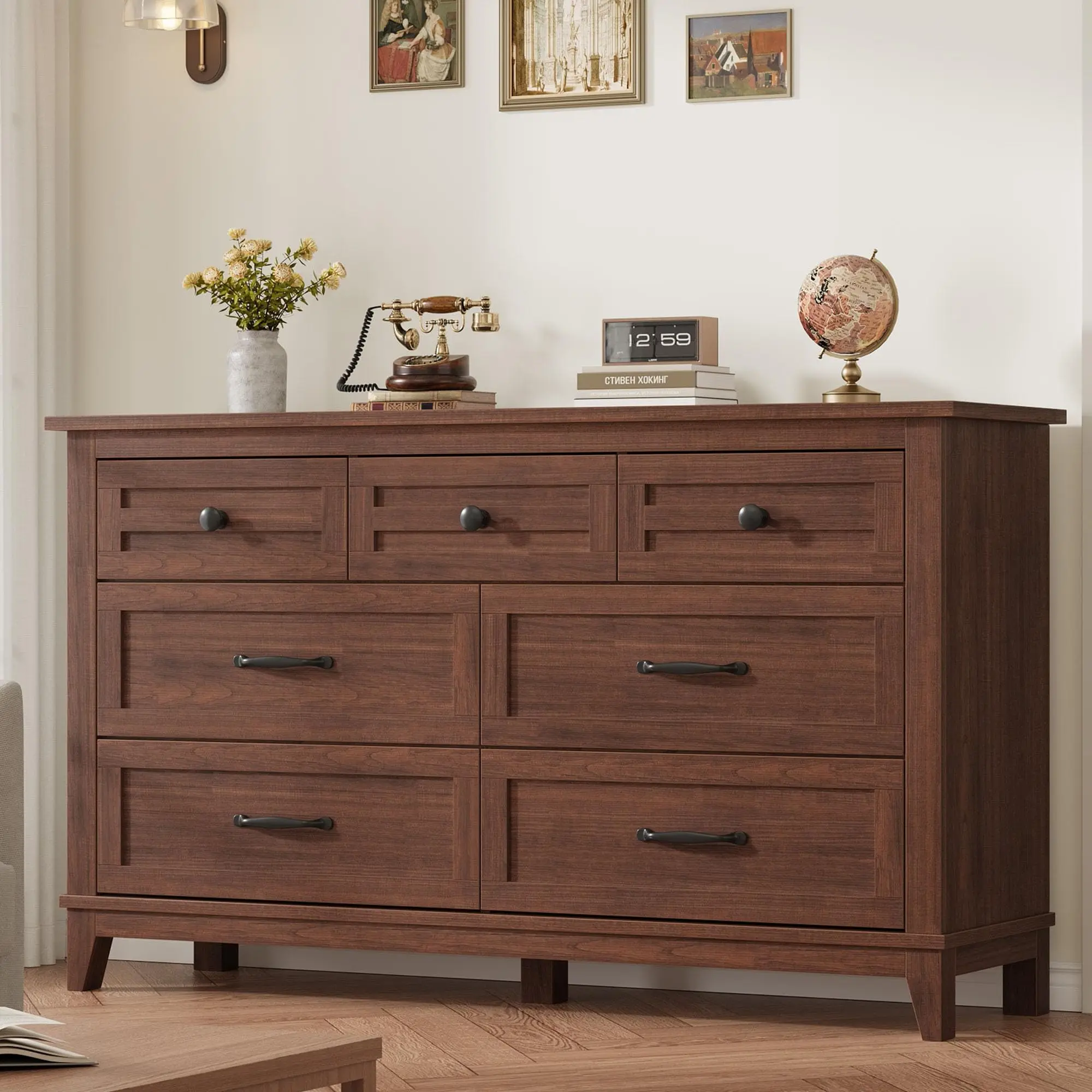 GARVEE 7-Drawer Bedroom Dresser, 54-in Wide Freestanding Wooden Storage Chest for Bedroom, Living Room, Walnut