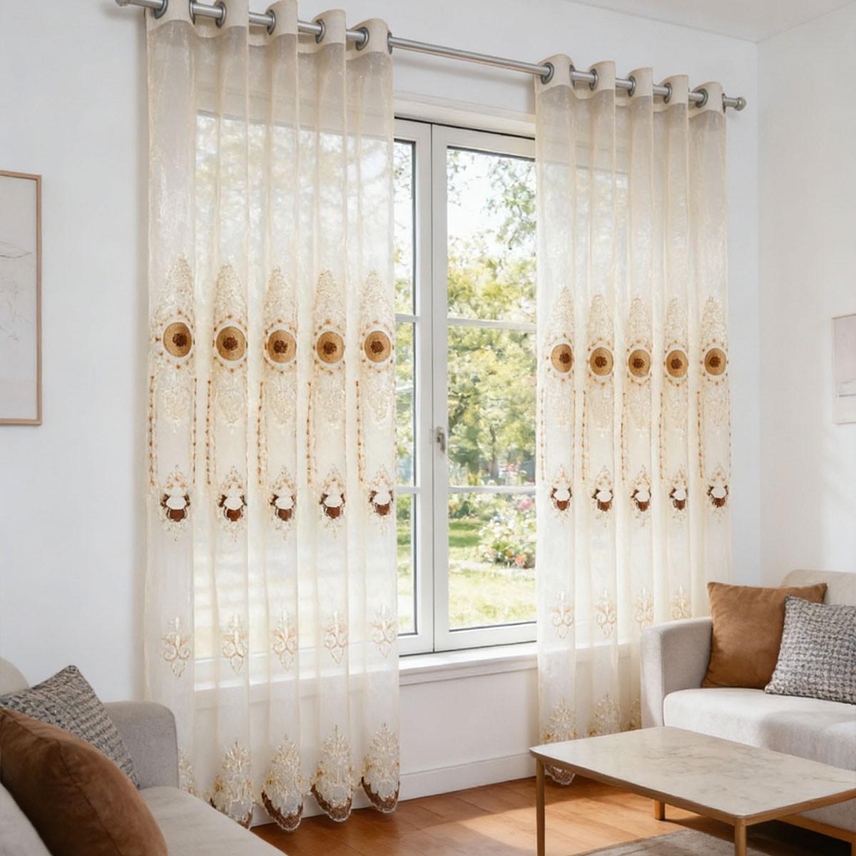 2pcs European Luxury Rice Gold Heavy Embroidered Sheer Curtain, Living Room Floor-To-Ceiling High Transparency Window Shade, Pierced Cream Style Balcony Curtain