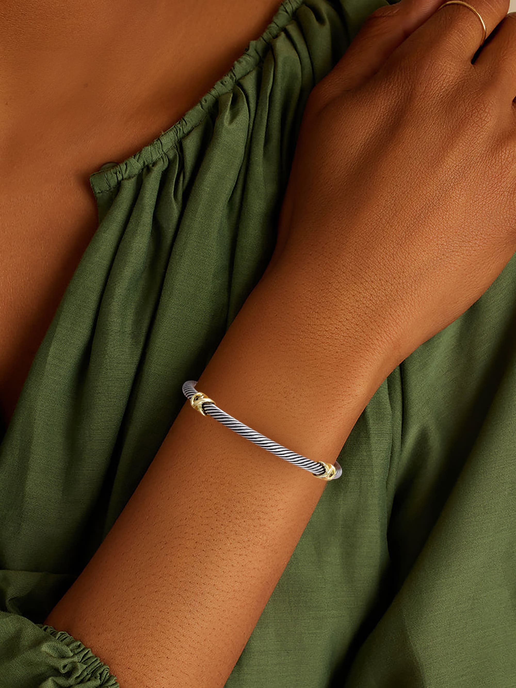 Aprilery 3-Piece Twisted Cable Bracelet Set – Trendy Elegant Two-Tone Jewelry with Sparkling Zircon and Adjustable Cuff Knot Accents, Minimalist Chic for Women