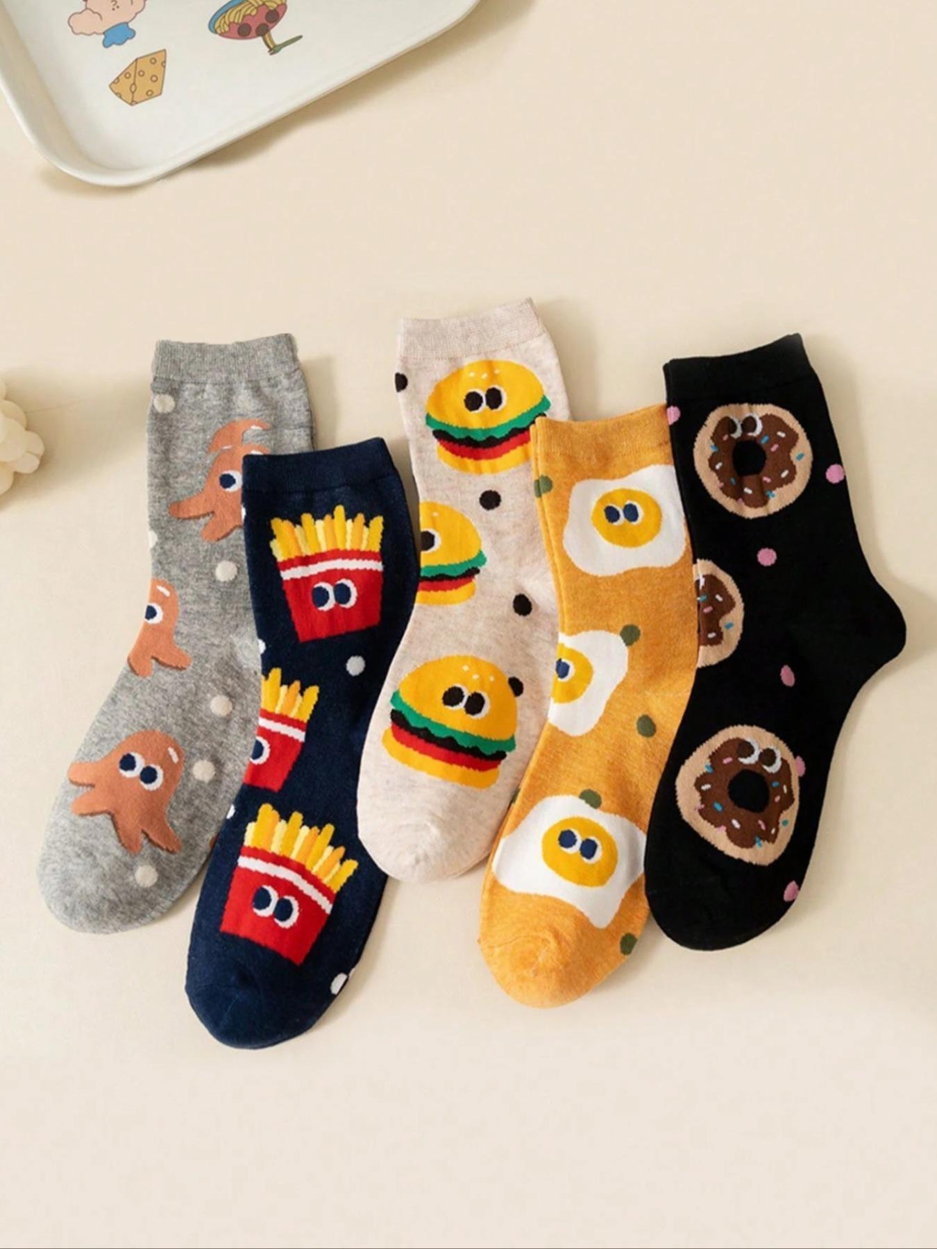 Kids Crew Socks Set, Unisex Cartoon Burger & Fries Pattern, Comfortable Soft Mid-Calf Socks, Casual Daily Wear, All Seasons